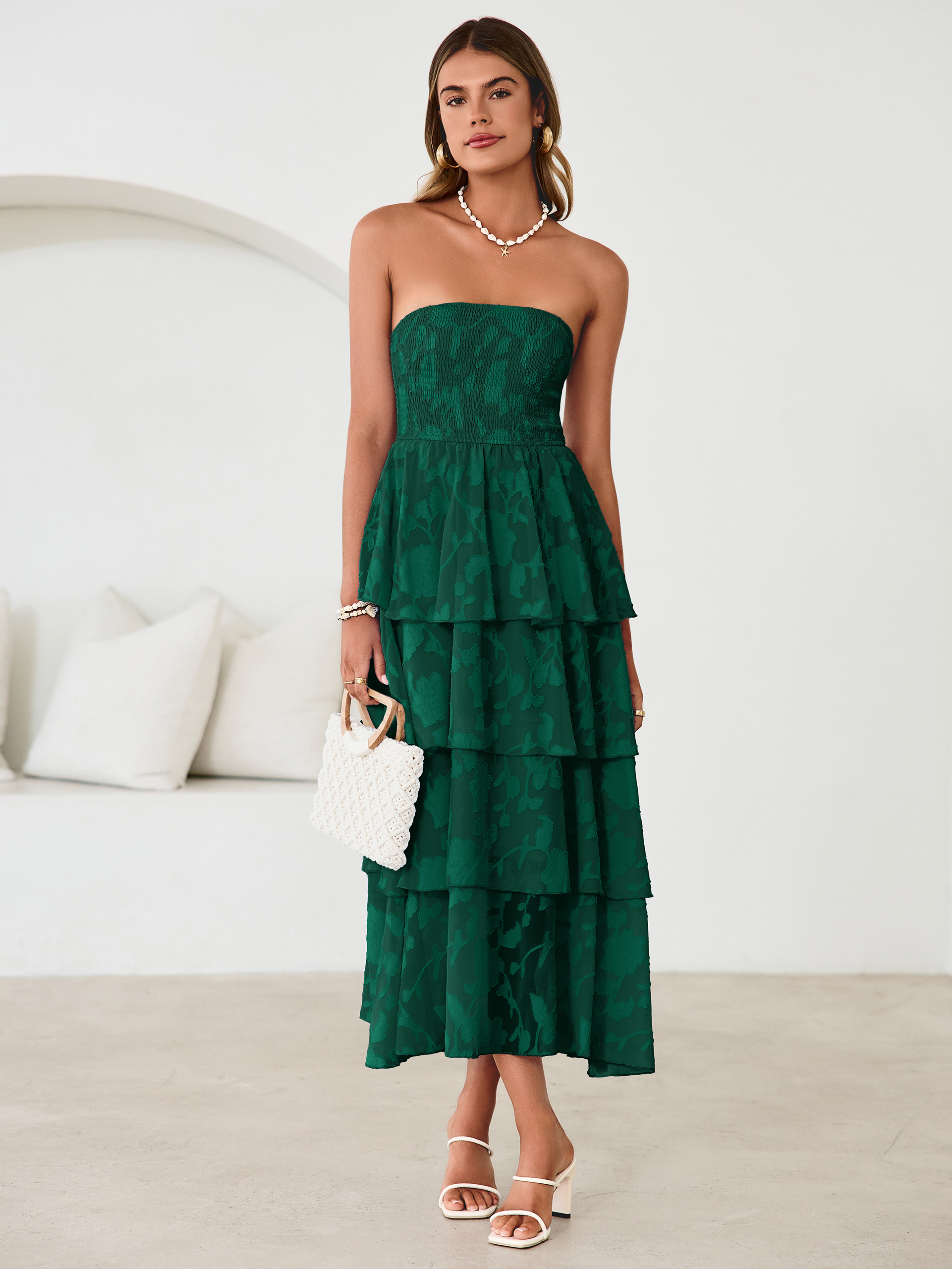 Floral Strapless Smocked Tiered Maxi Dress - Deep Green