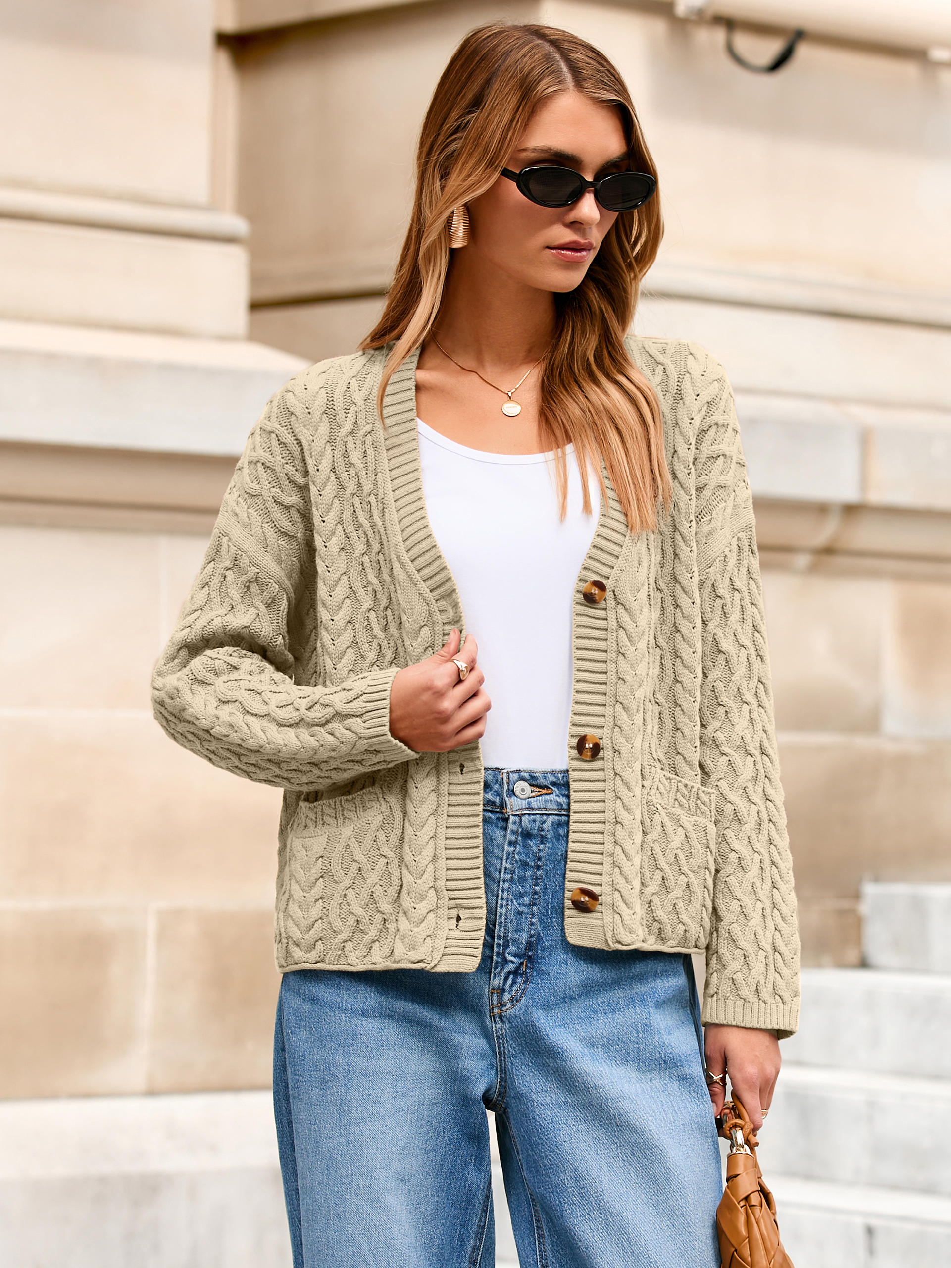 Cable Knit V Neck Buttoned Cardigan Sweater