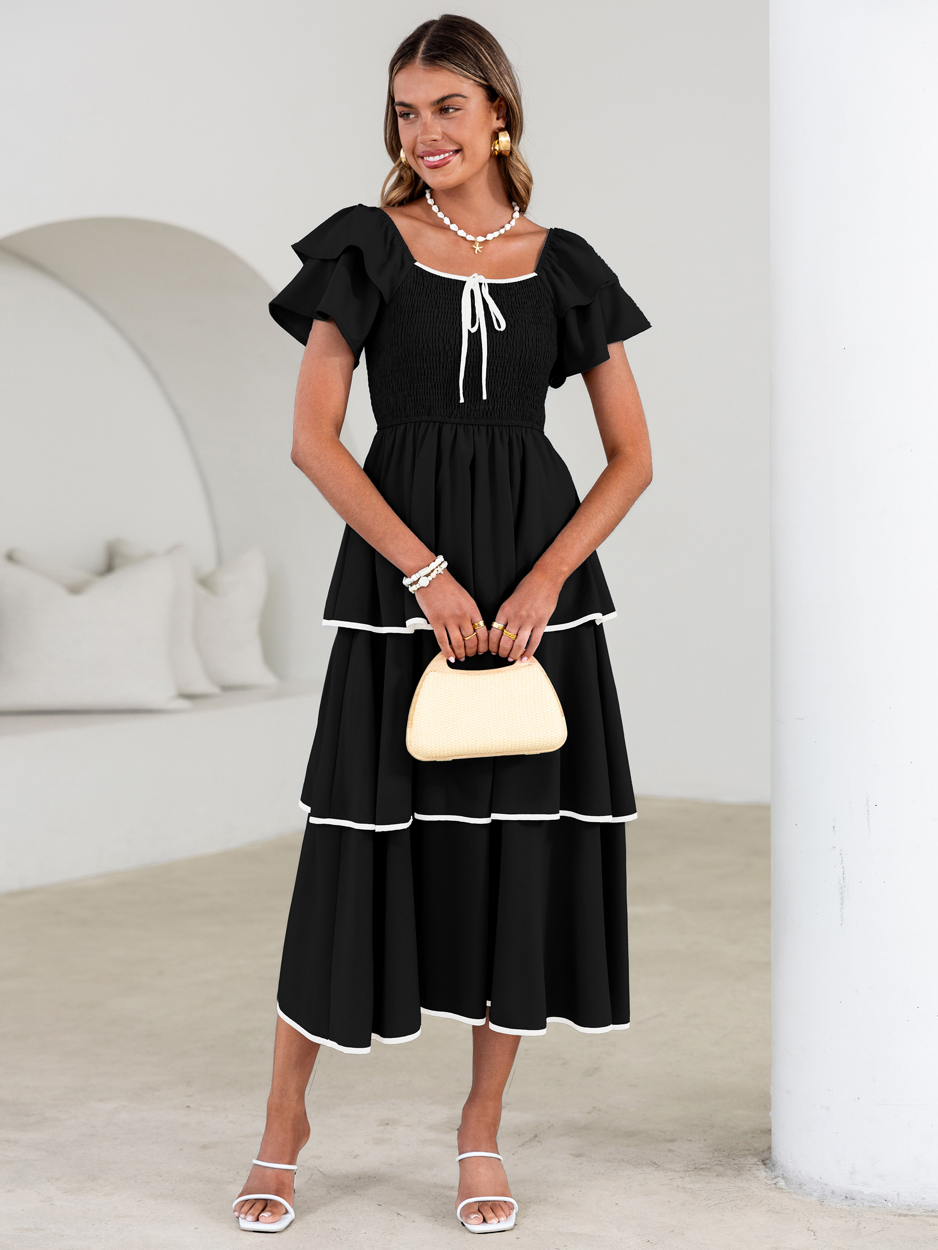 Ruched Off Shoulder Tiered Maxi Dress - Black