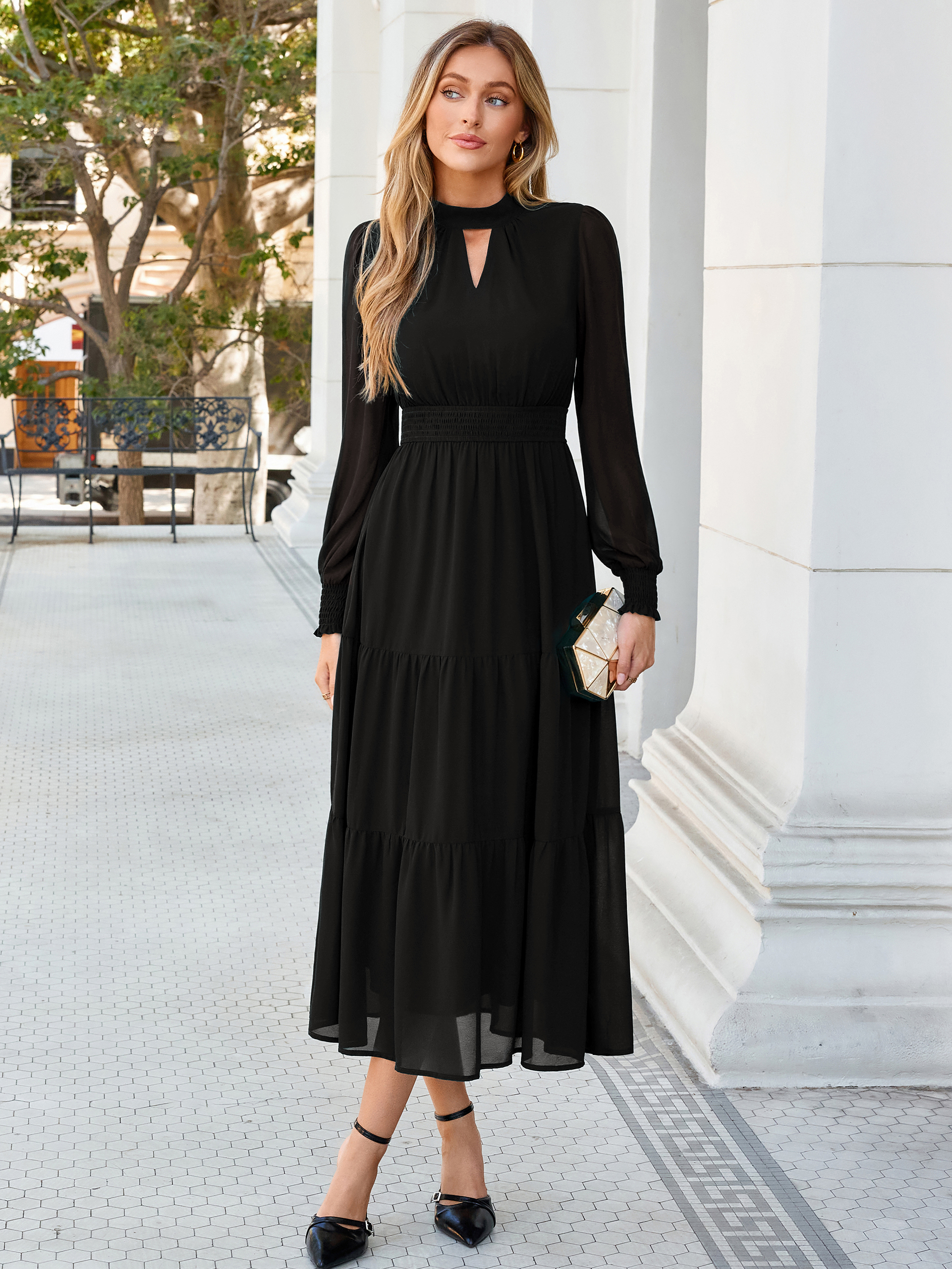 Mock Neck Keyhole Smocked Waist Chiffon Maxi Dress