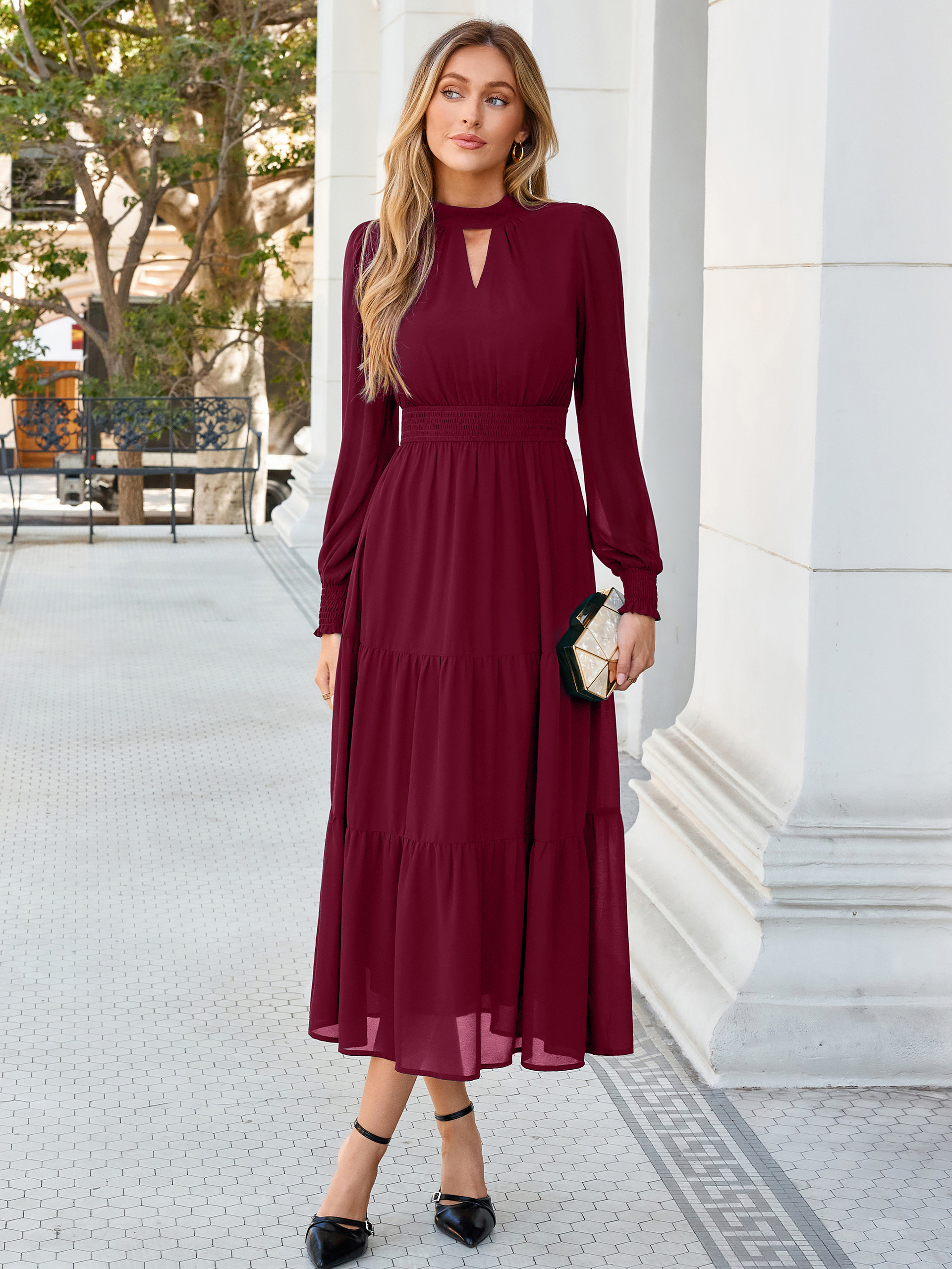 Mock Neck Keyhole Smocked Waist Chiffon Maxi Dress
