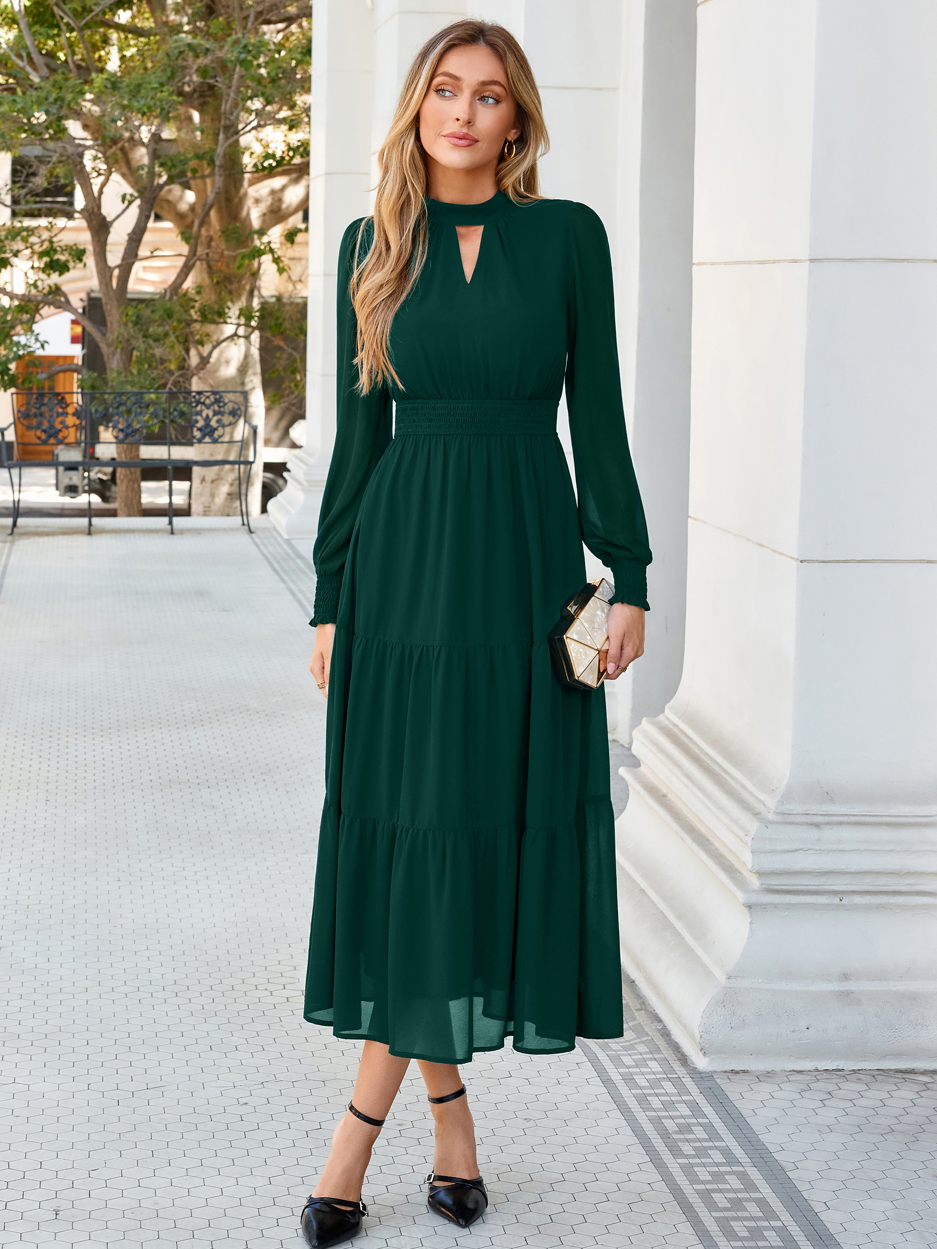 Mock Neck Keyhole Smocked Waist Chiffon Maxi Dress