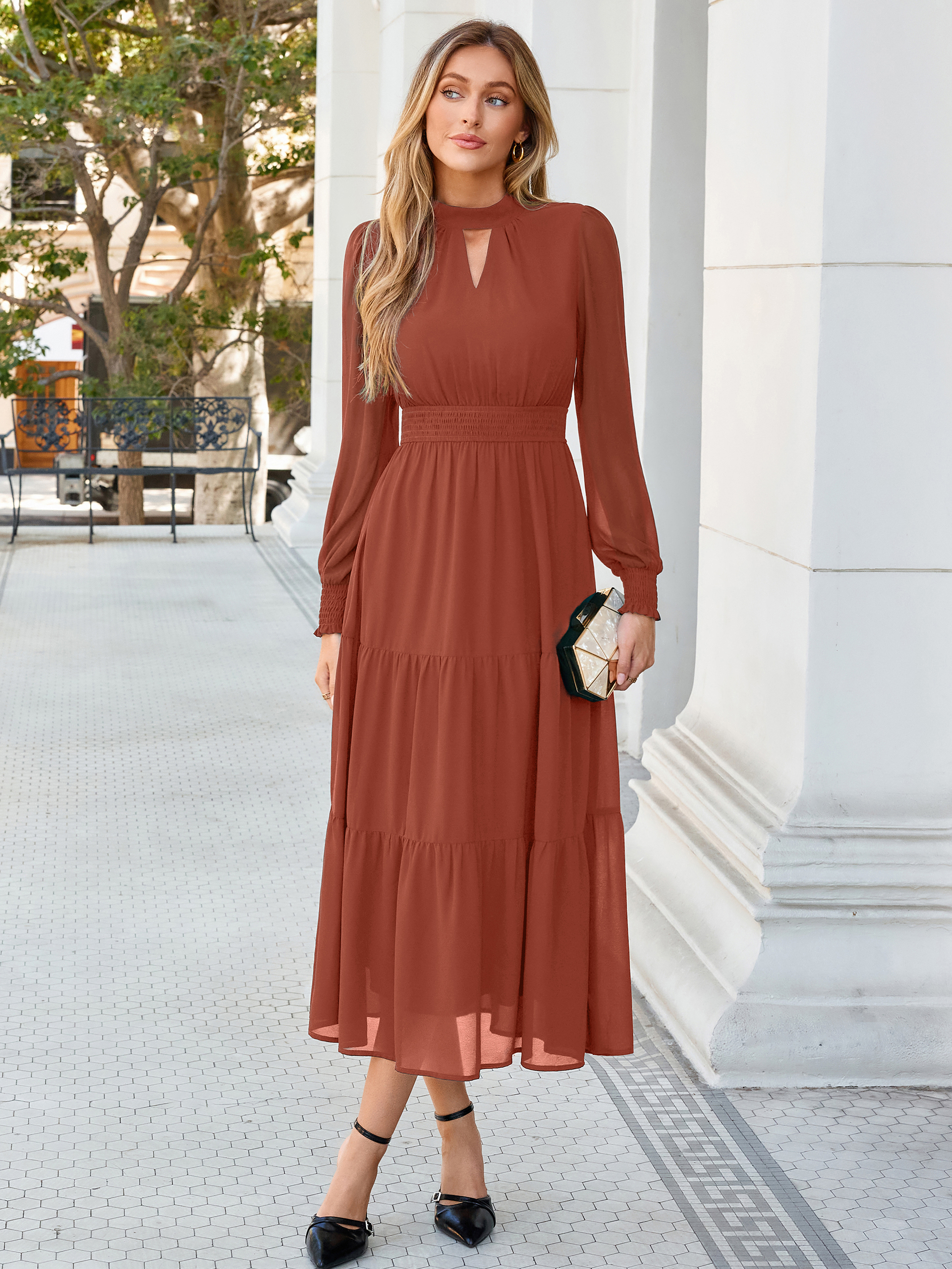 Mock Neck Keyhole Smocked Waist Chiffon Maxi Dress