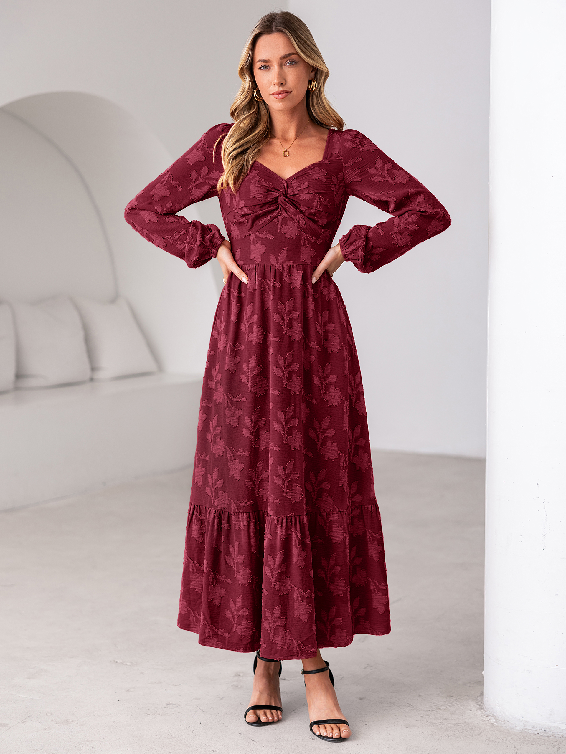 Burnout Floral Print Twist Front Long Sleeve Maxi Dress