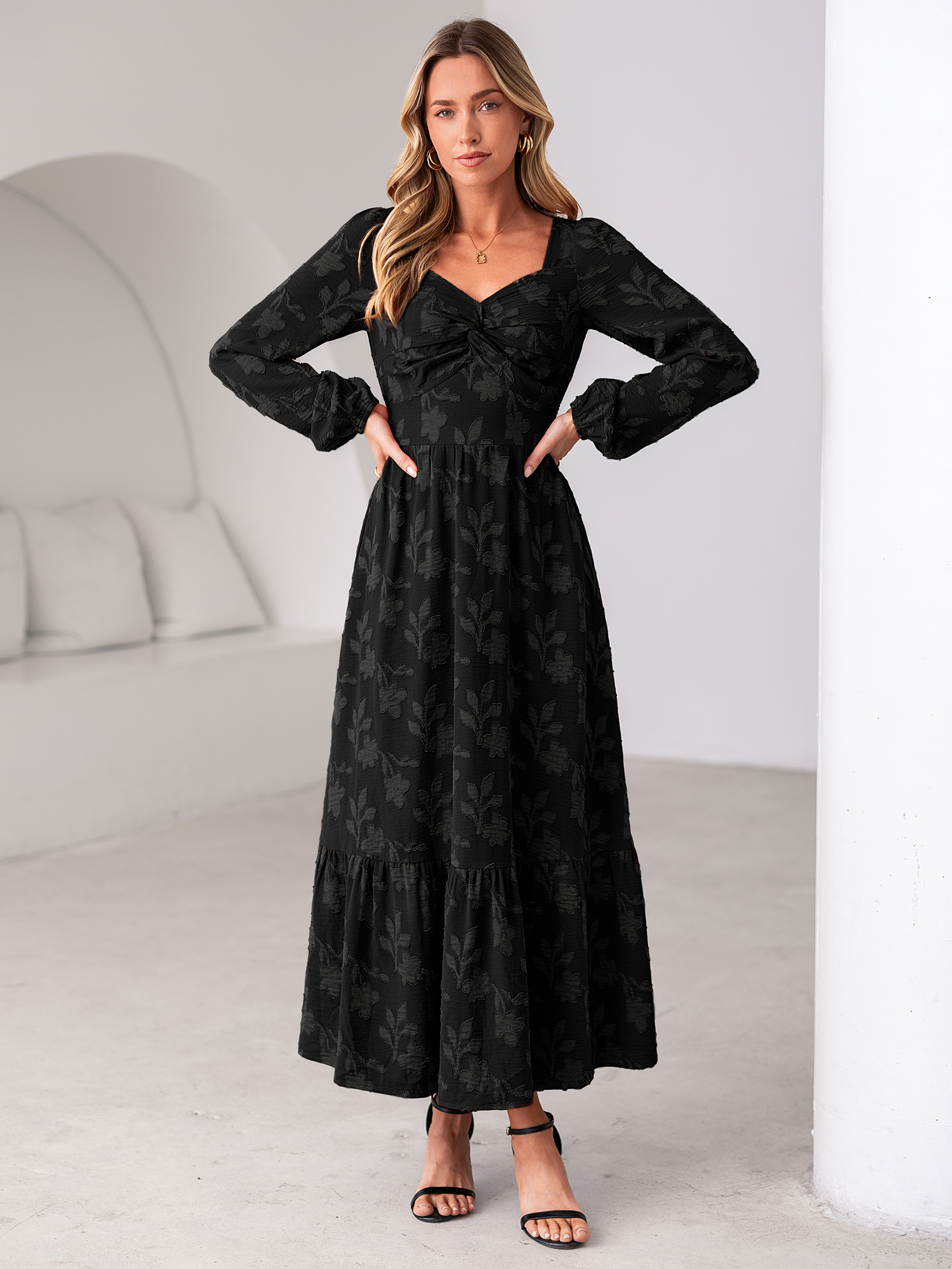 Burnout Floral Print Twist Front Long Sleeve Maxi Dress