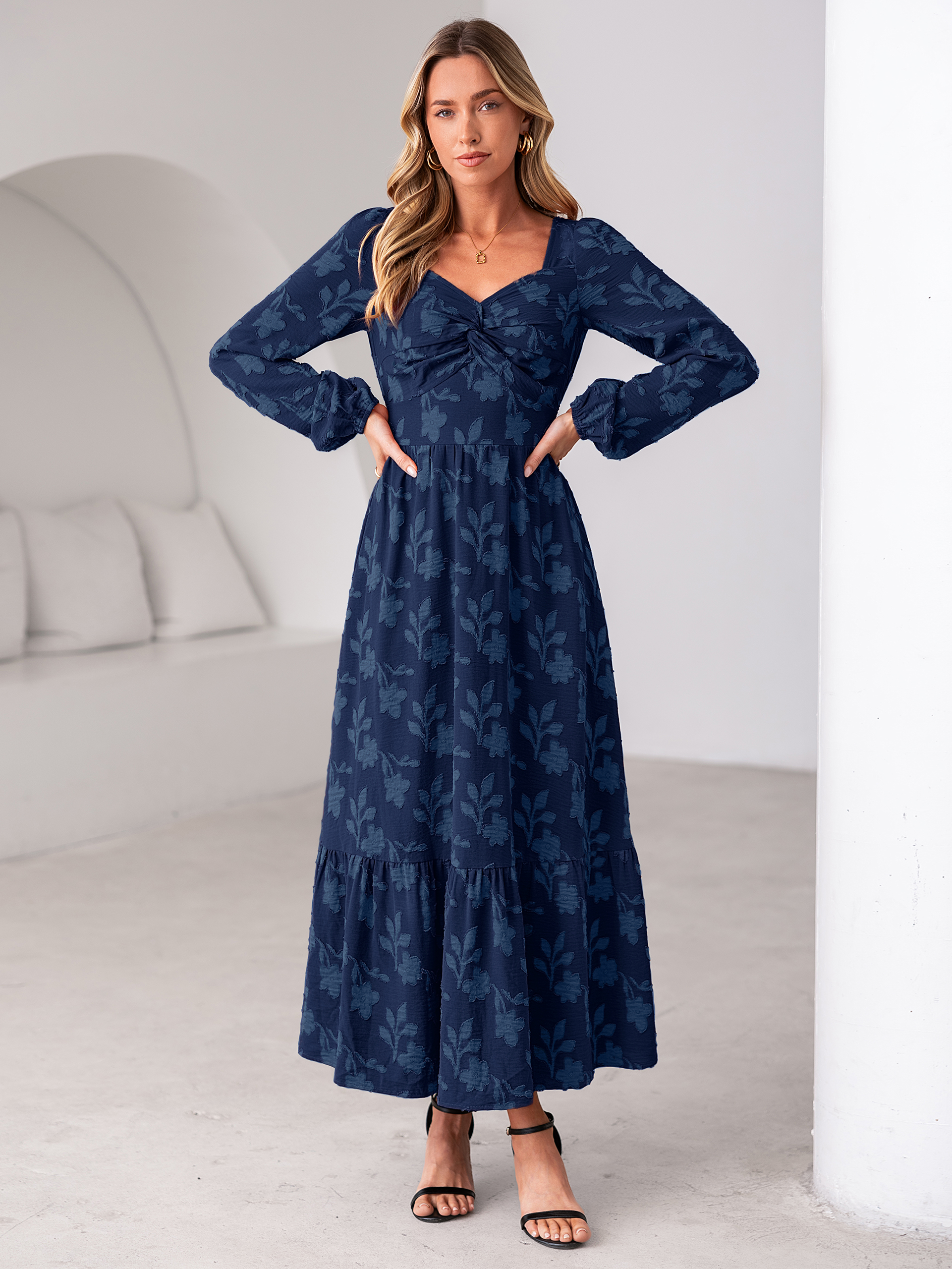 Burnout Floral Print Twist Front Long Sleeve Maxi Dress