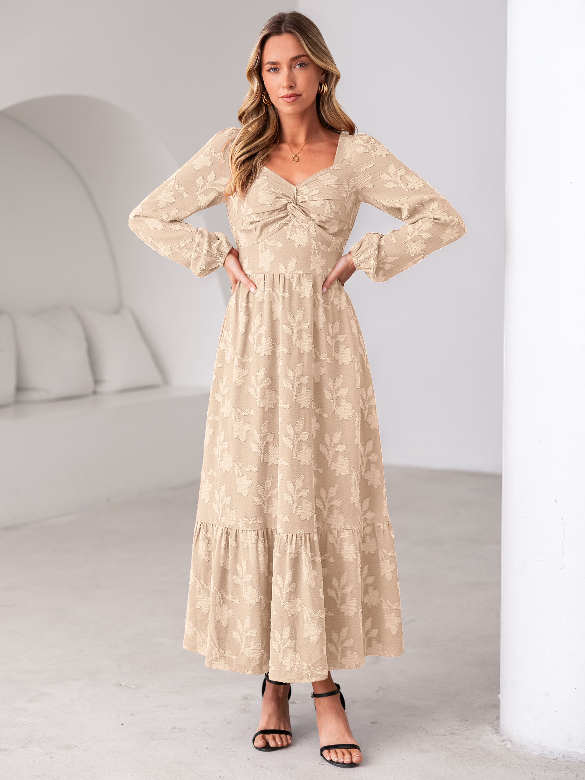Burnout Floral Print Twist Front Long Sleeve Maxi Dress