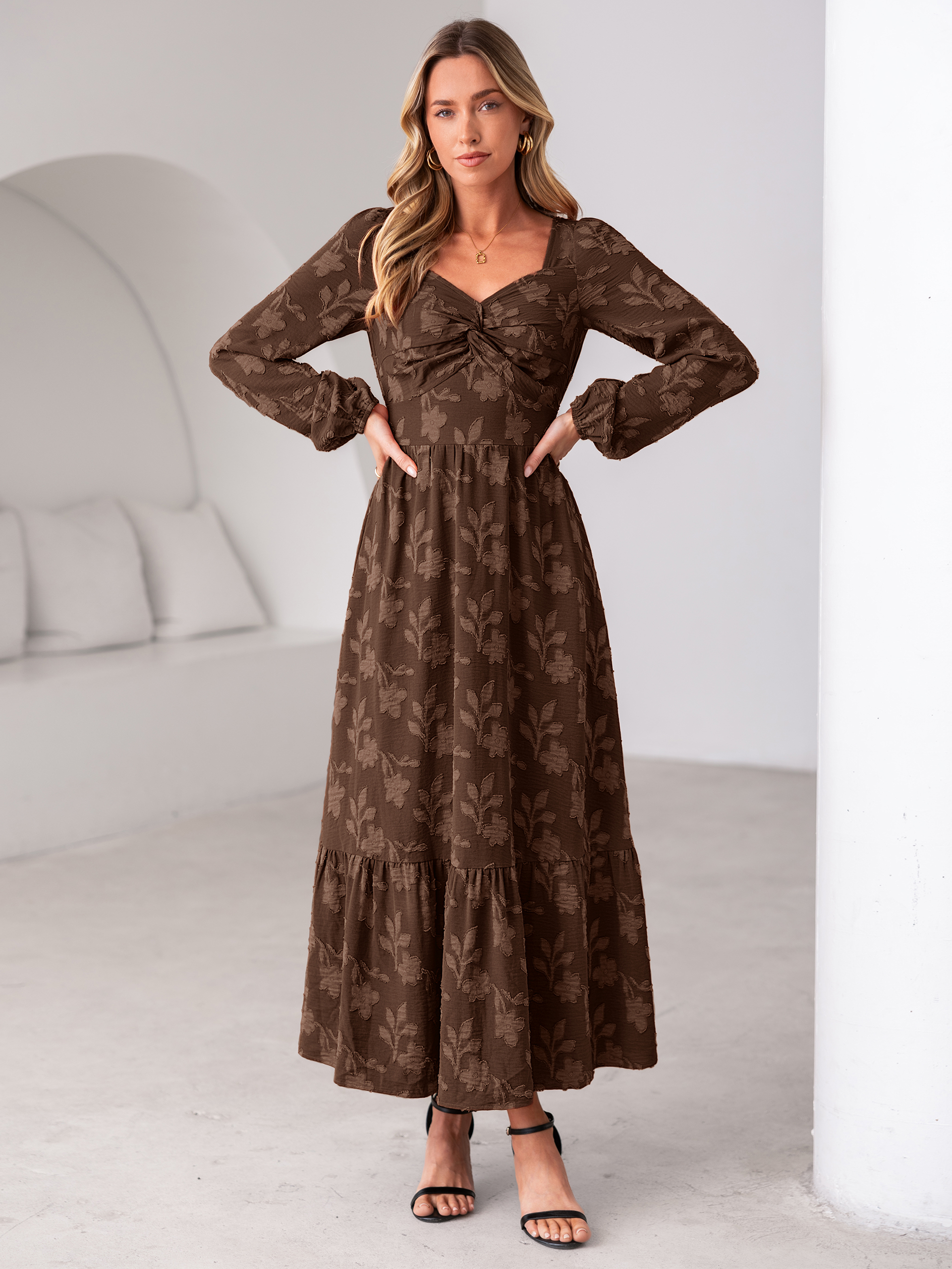 Burnout Floral Print Twist Front Long Sleeve Maxi Dress