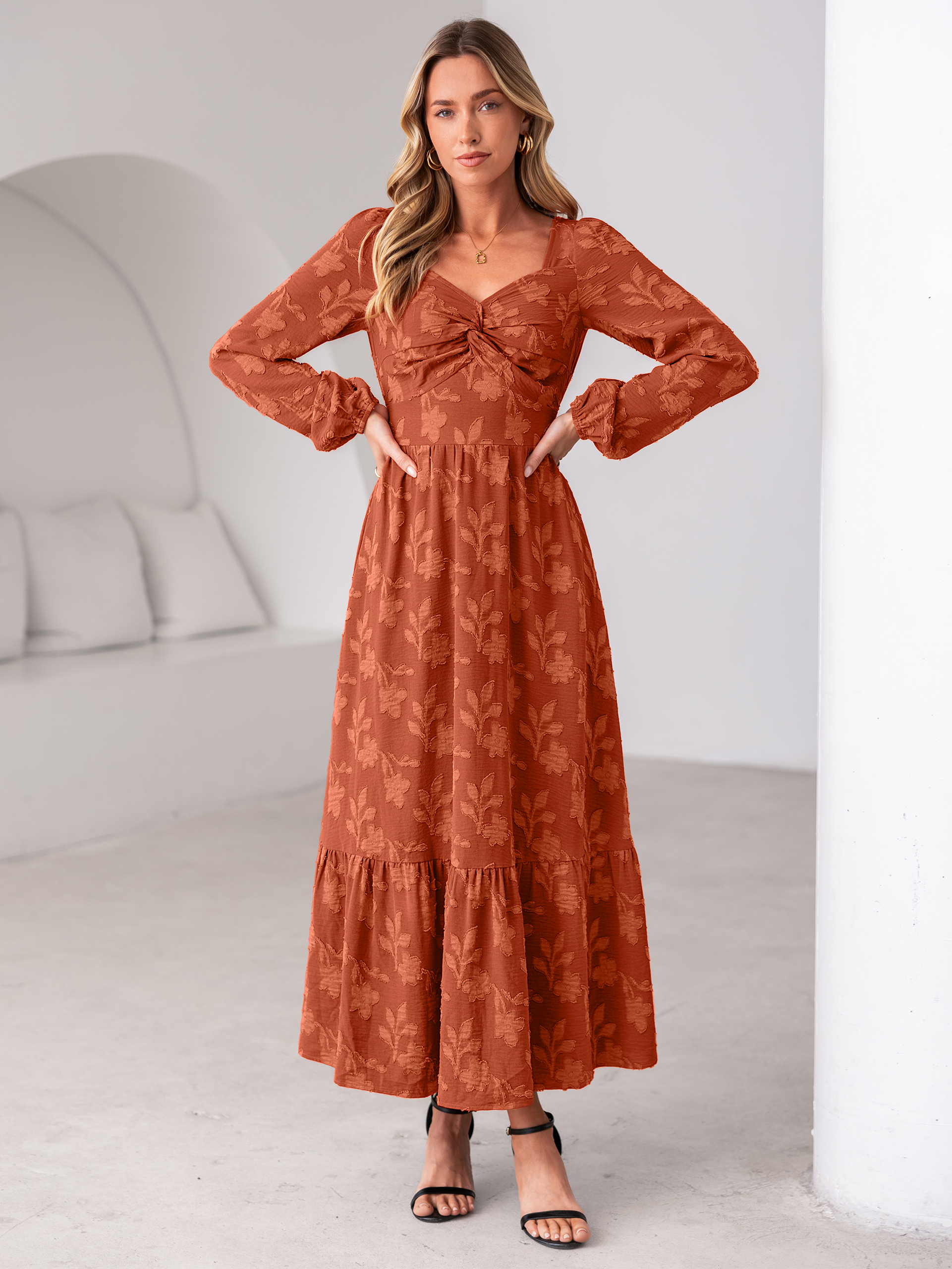 Burnout Floral Print Twist Front Long Sleeve Maxi Dress