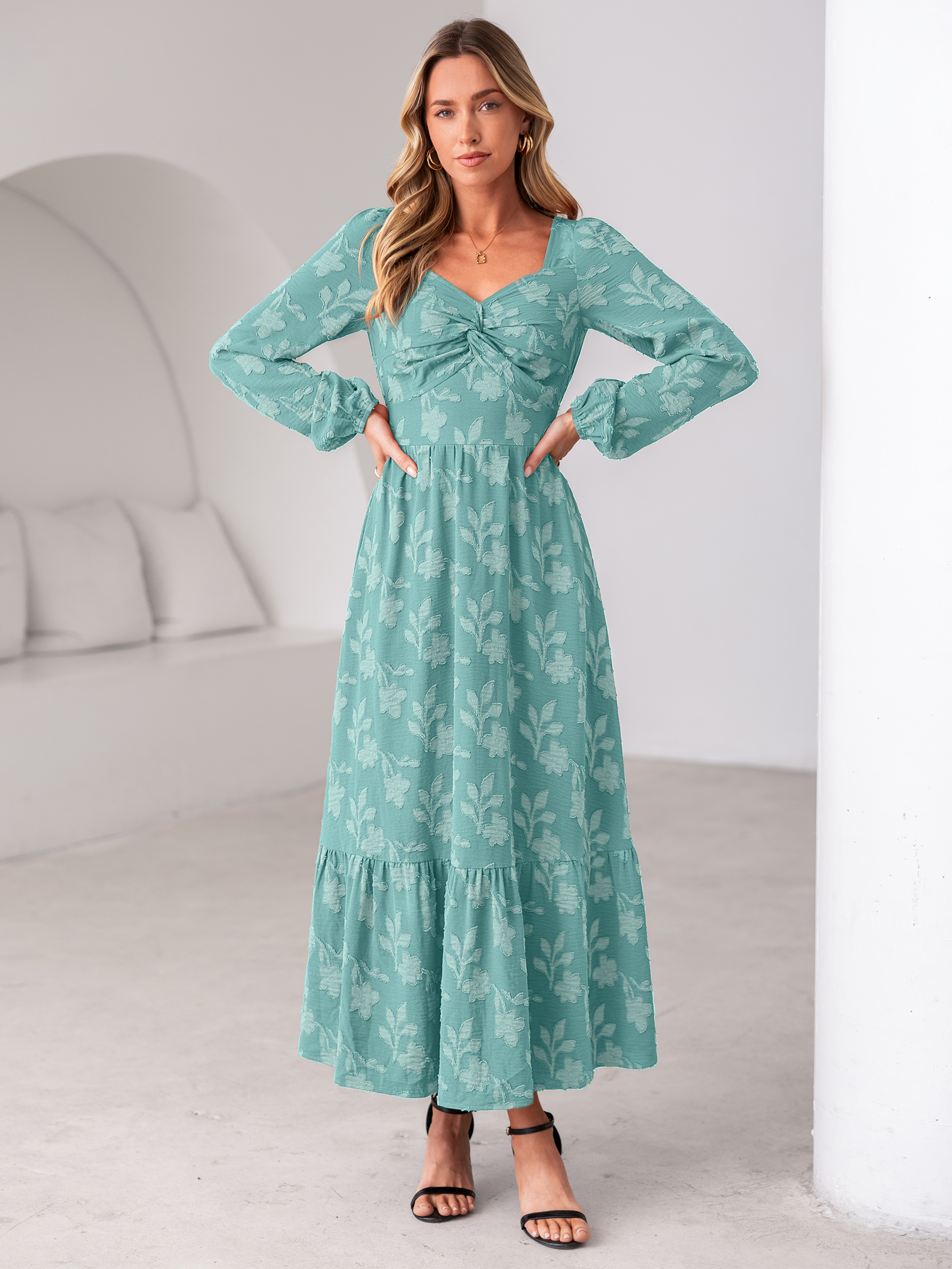 Burnout Floral Print Twist Front Long Sleeve Maxi Dress