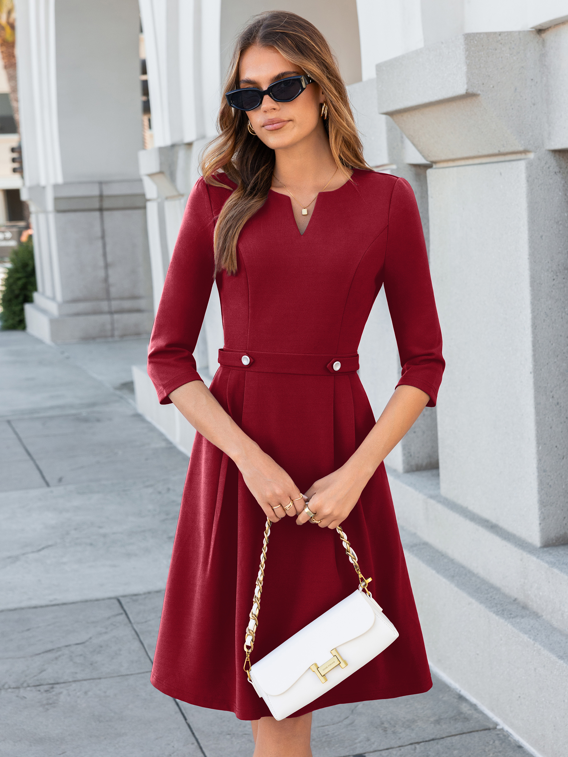 Notched V-Neck 3/4 Sleeve A-Line Business Midi Dress