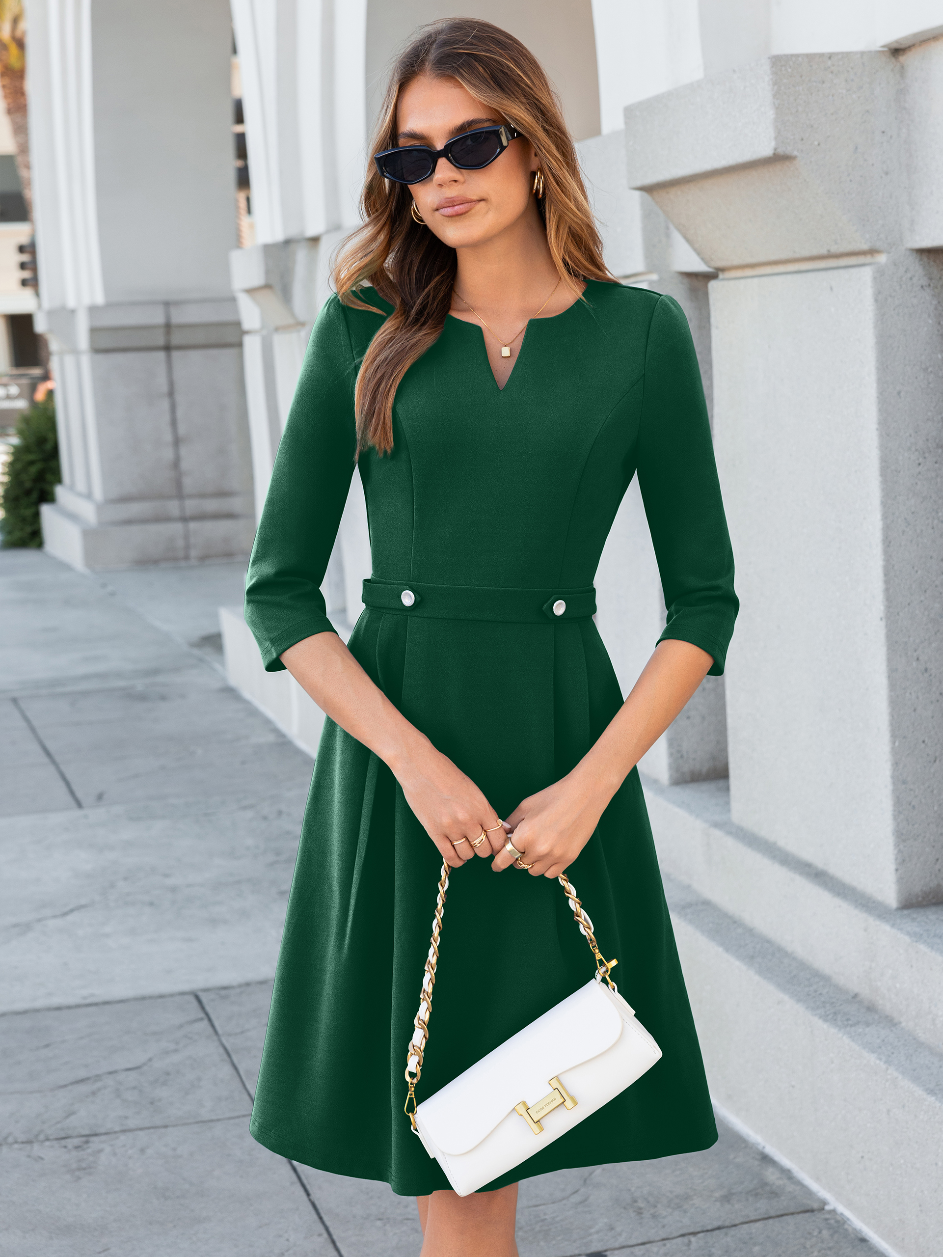 Notched V-Neck 3/4 Sleeve A-Line Business Midi Dress