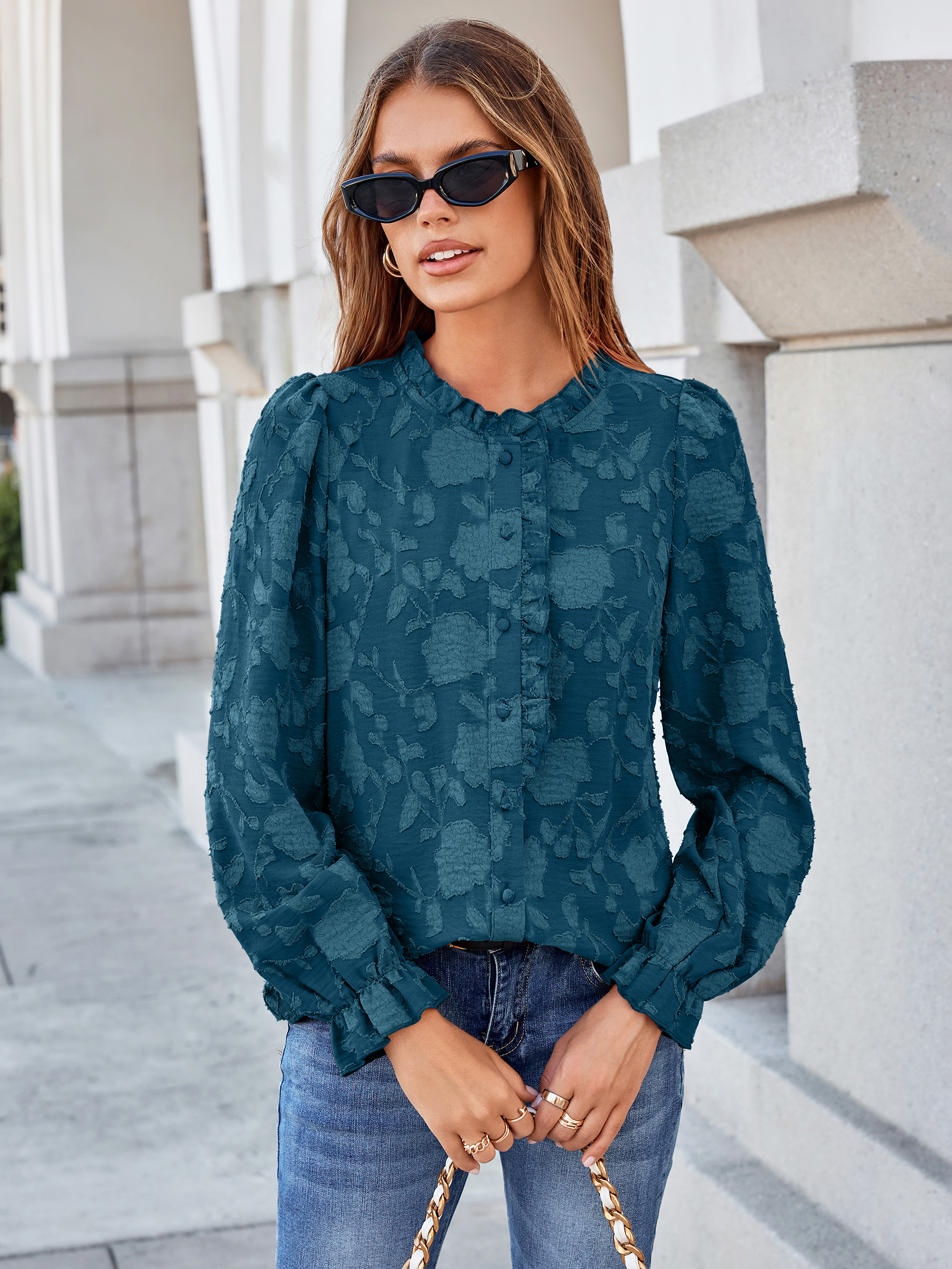 Frilled Ruffle Trim Burnout Floral Long Sleeve Blouse