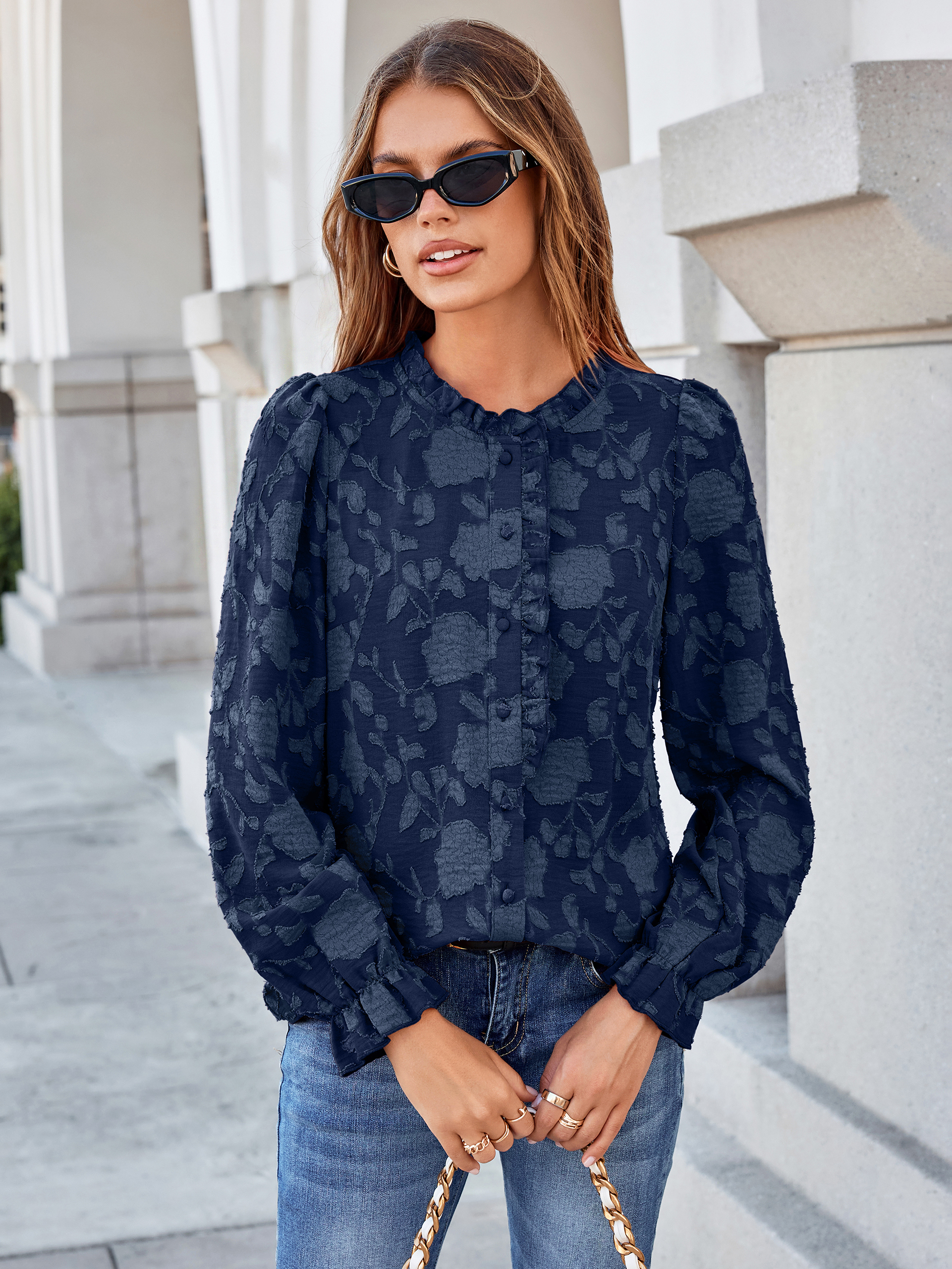 Frilled Ruffle Trim Burnout Floral Long Sleeve Blouse