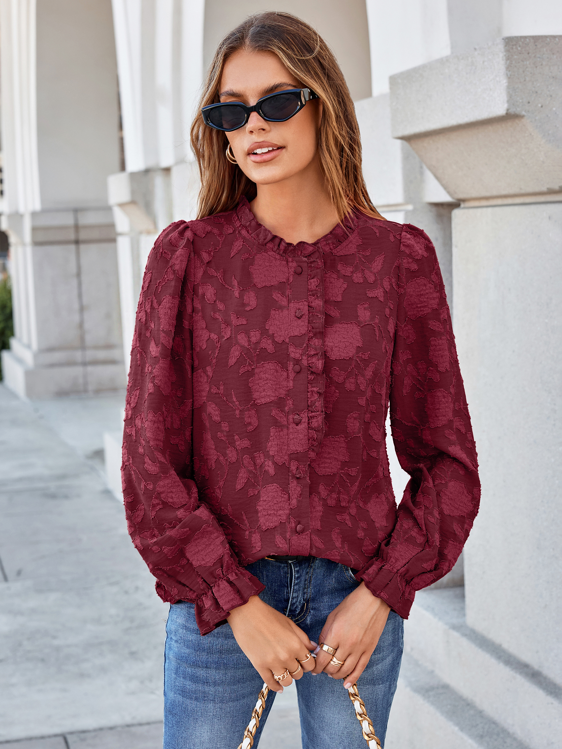 Frilled Ruffle Trim Burnout Floral Long Sleeve Blouse