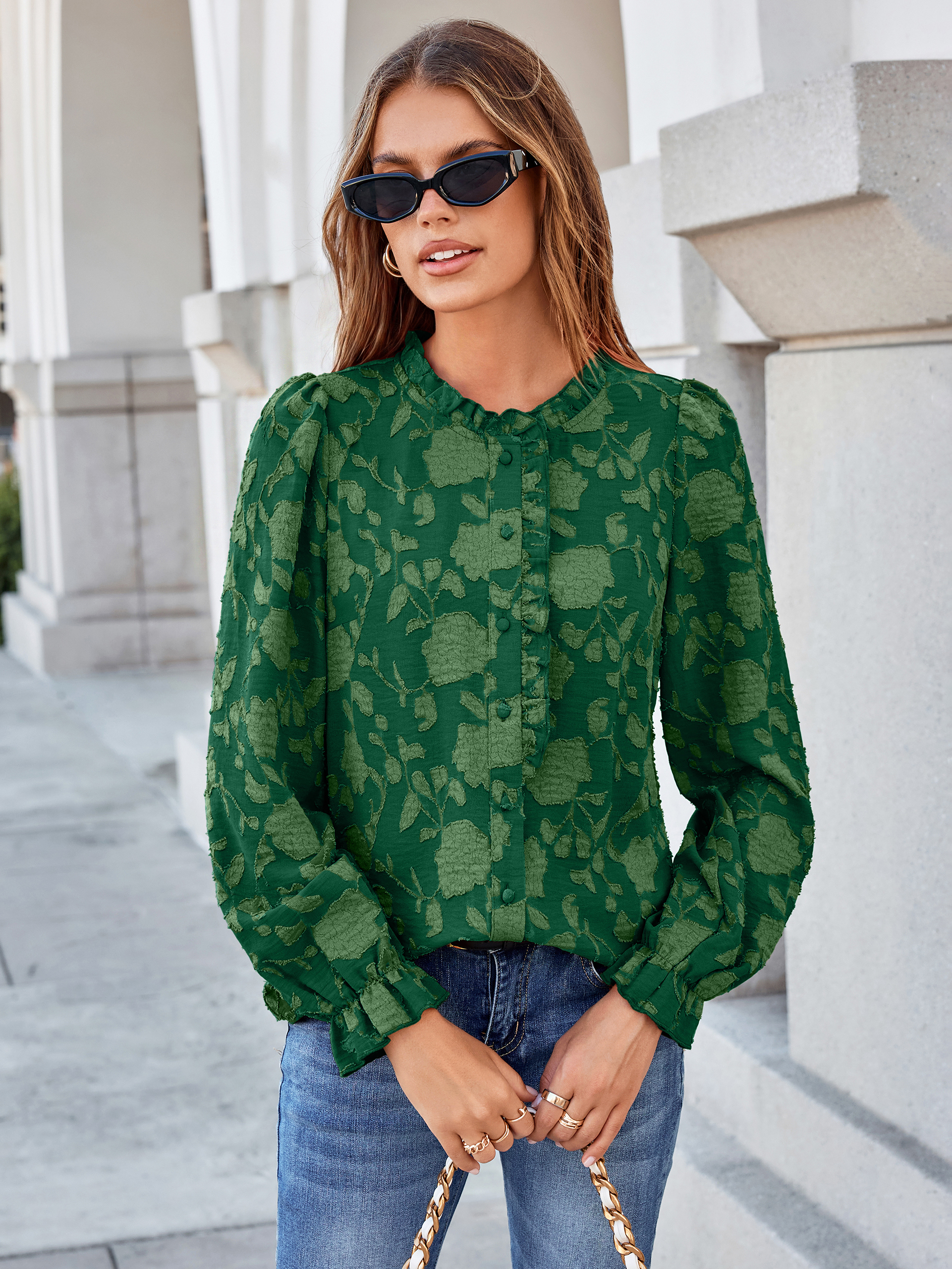 Frilled Ruffle Trim Burnout Floral Long Sleeve Blouse