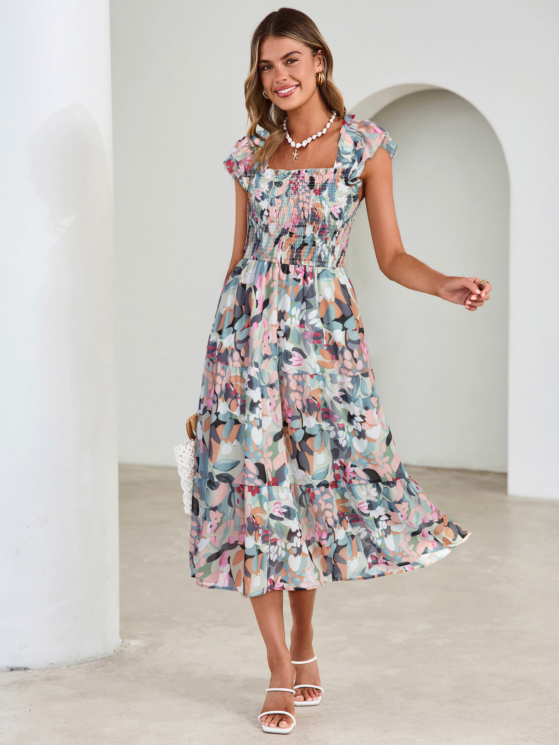 Floral Print Smocked Tiered Maxi Dress