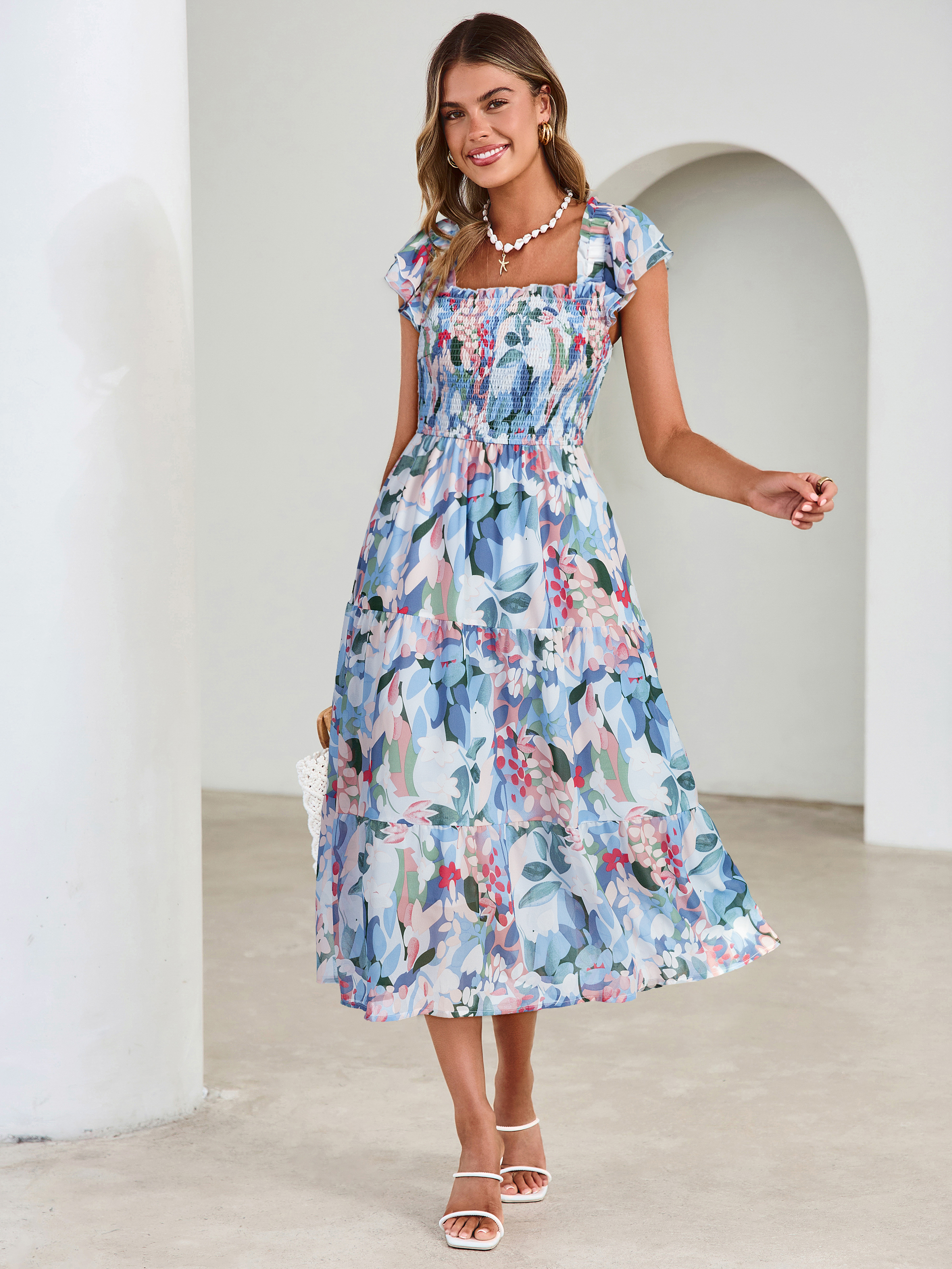 Floral Print Smocked Tiered Maxi Dress