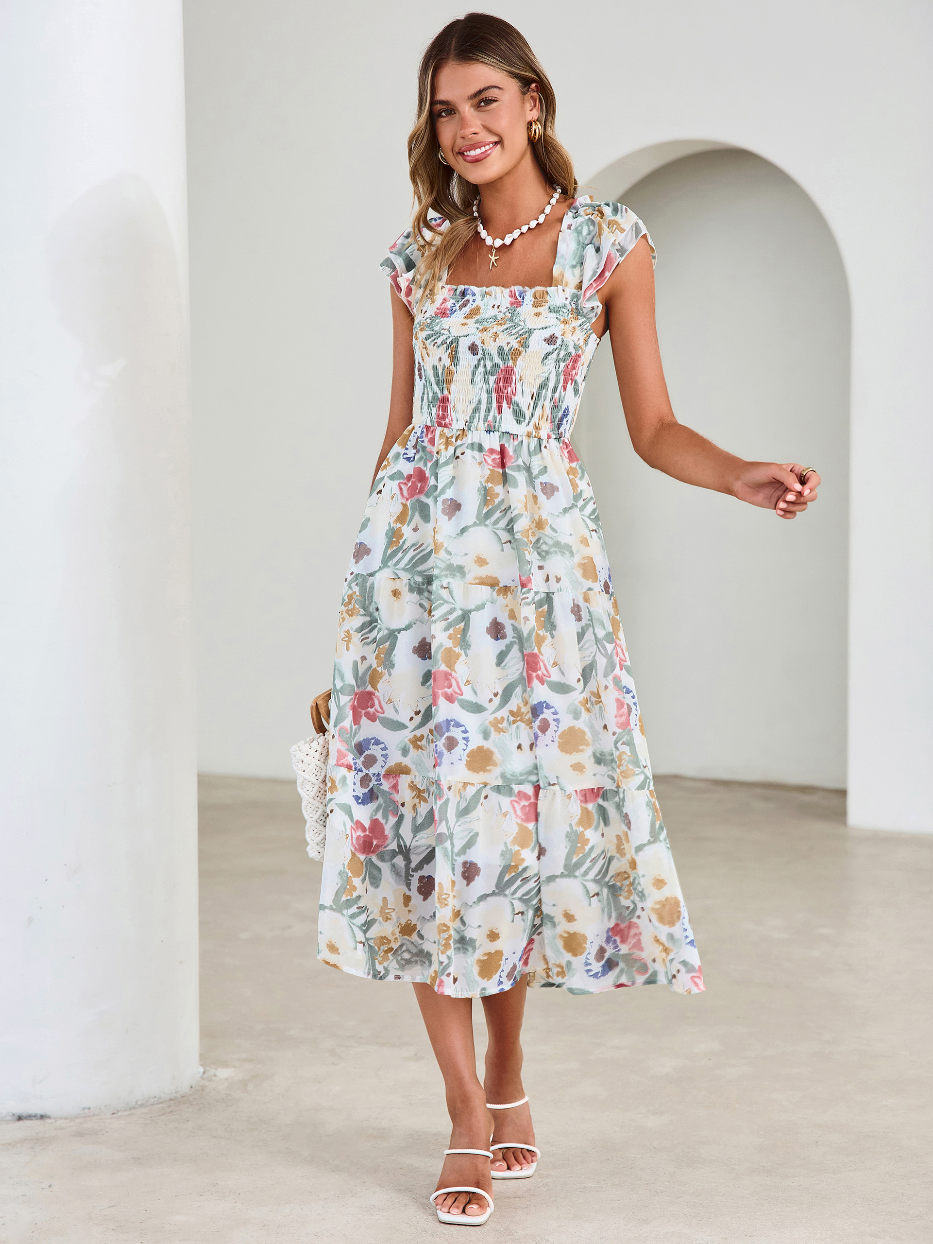 Floral Print Smocked Tiered Maxi Dress