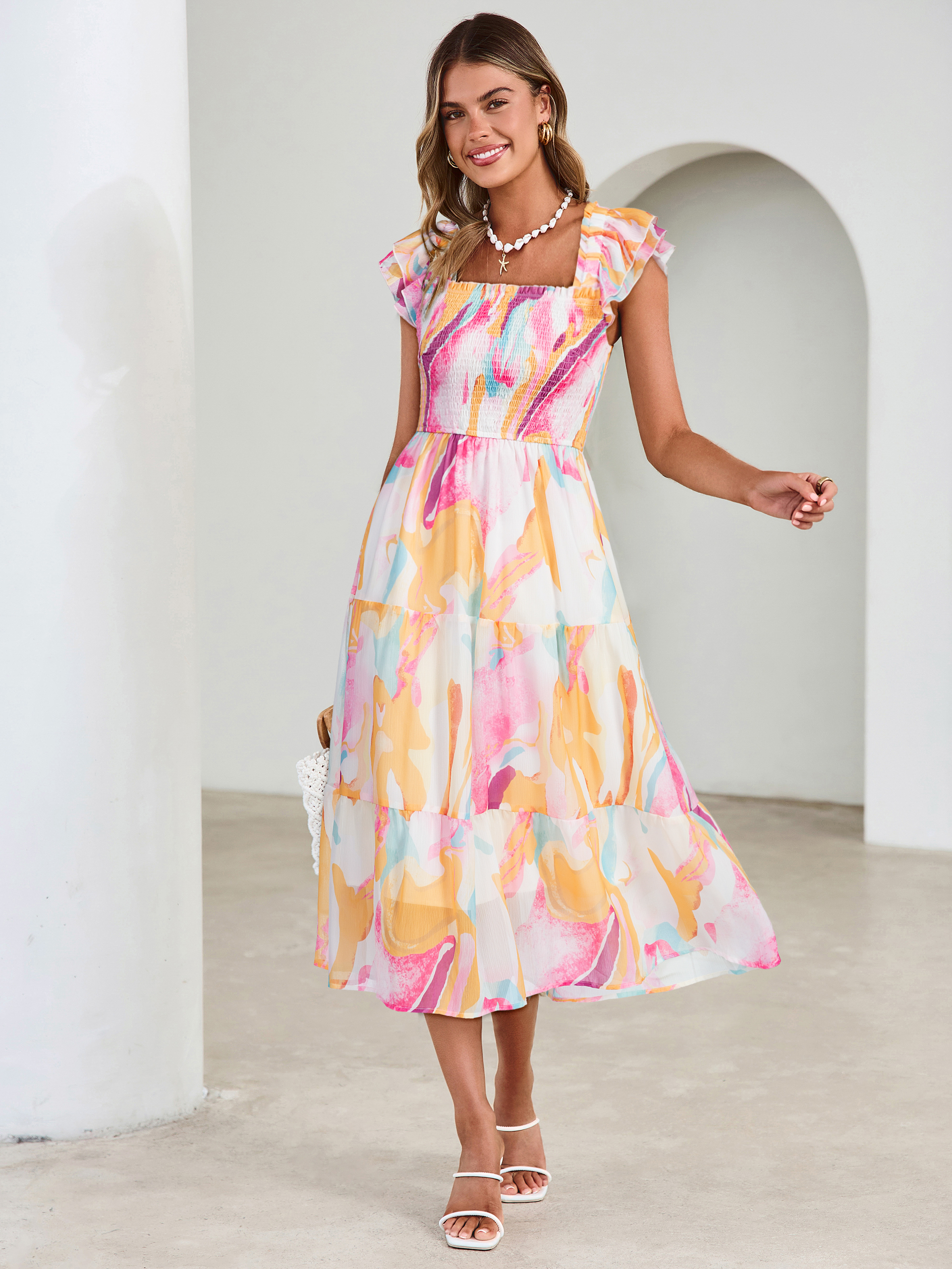 Floral Print Smocked Tiered Maxi Dress