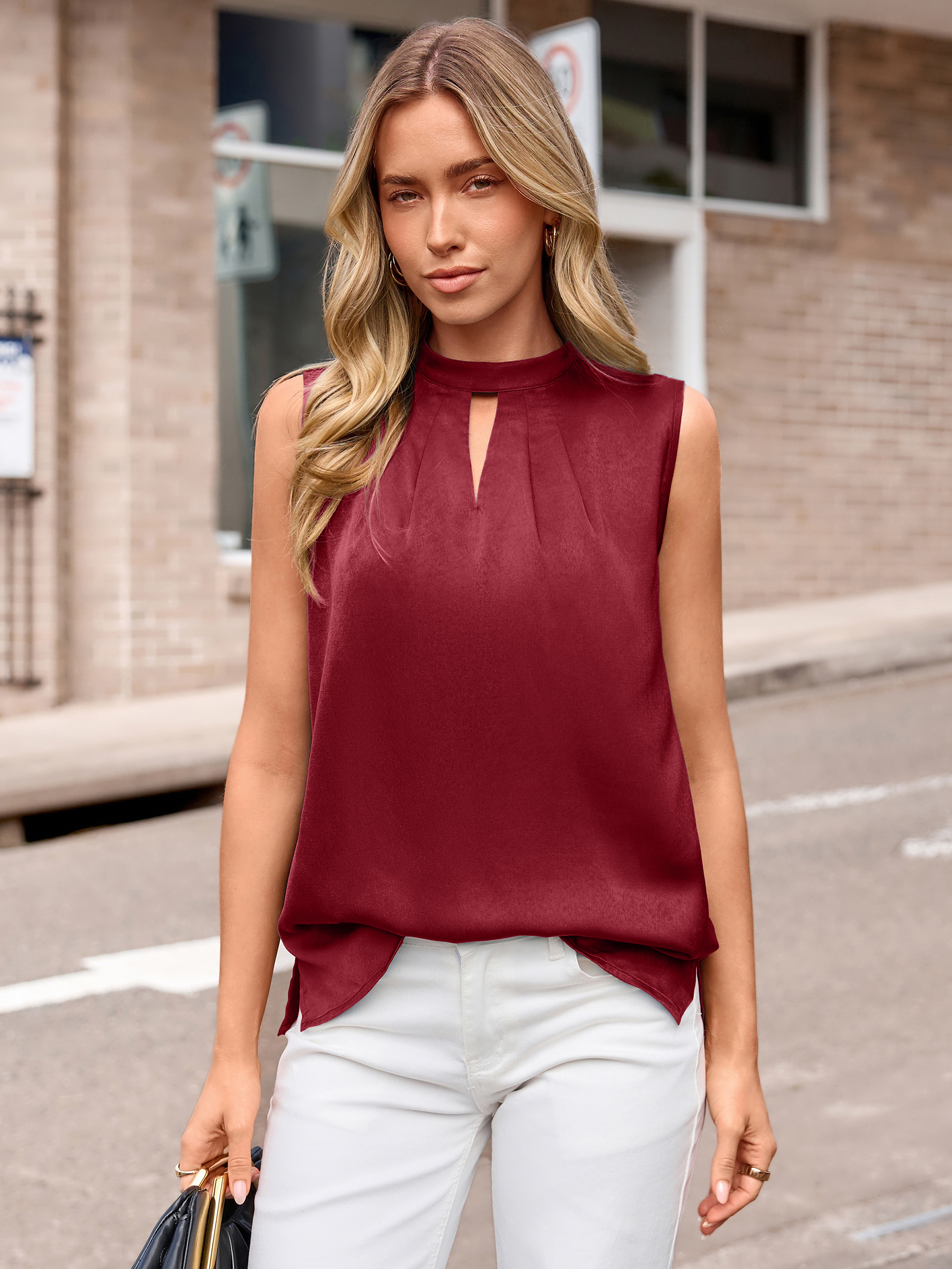 Satin Mock Neck Keyhole Tank Tops - Wine Red