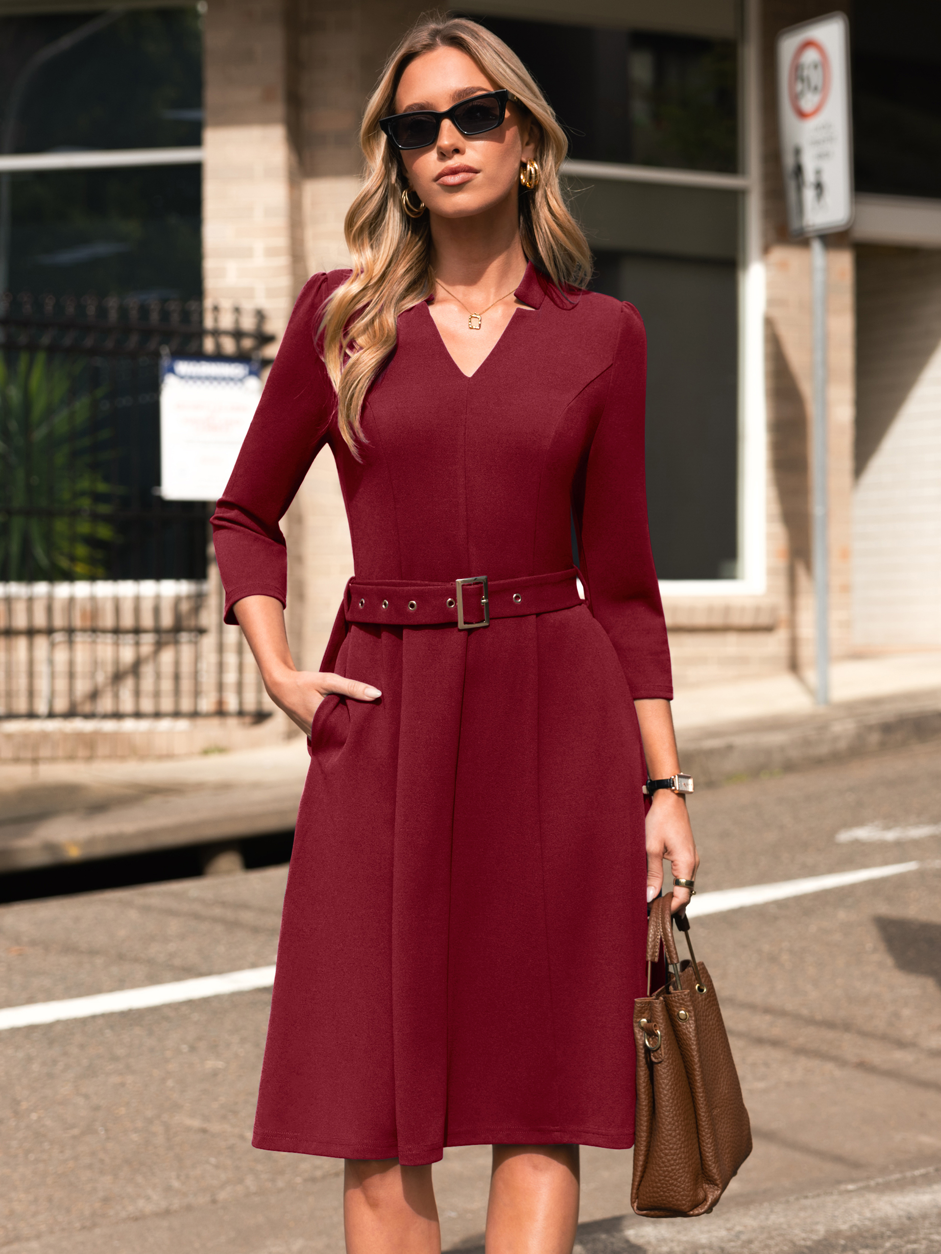 Stand Collar Notched V-Neck Belted A-Line Midi Dress