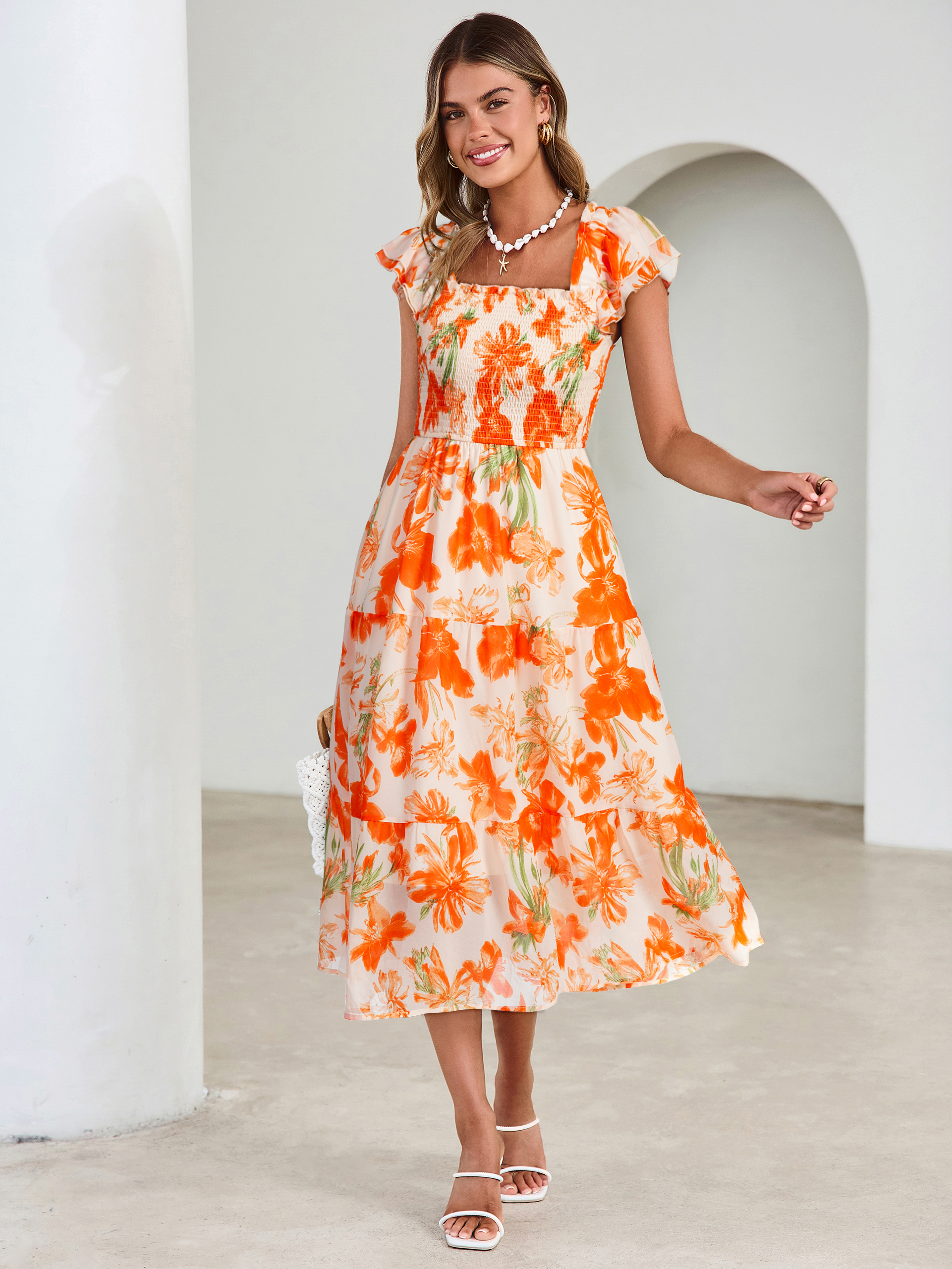 Floral Print Smocked Tiered Maxi Dress