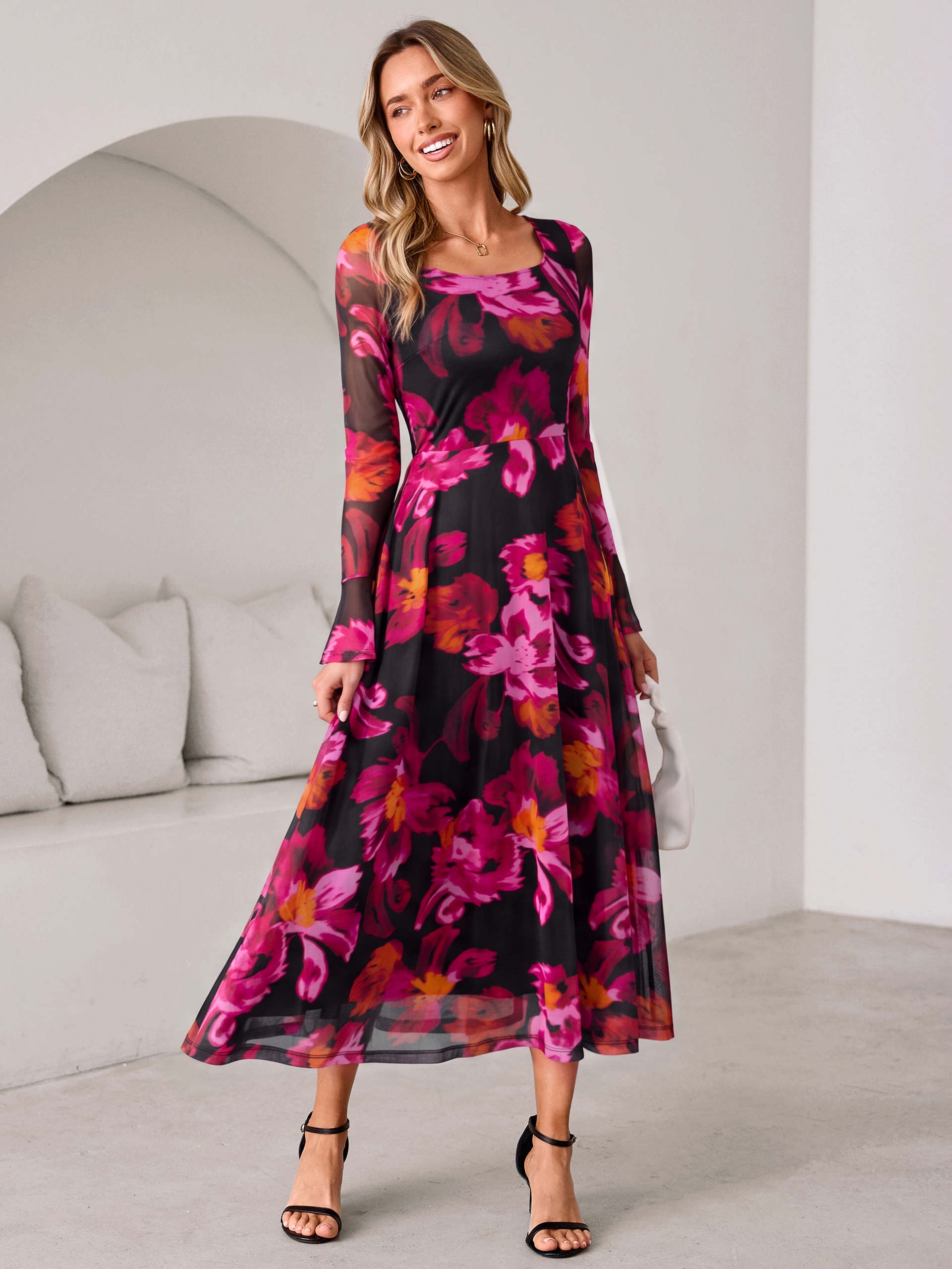 Square Neck Floral Mesh Bell Sleeve Maxi Dress