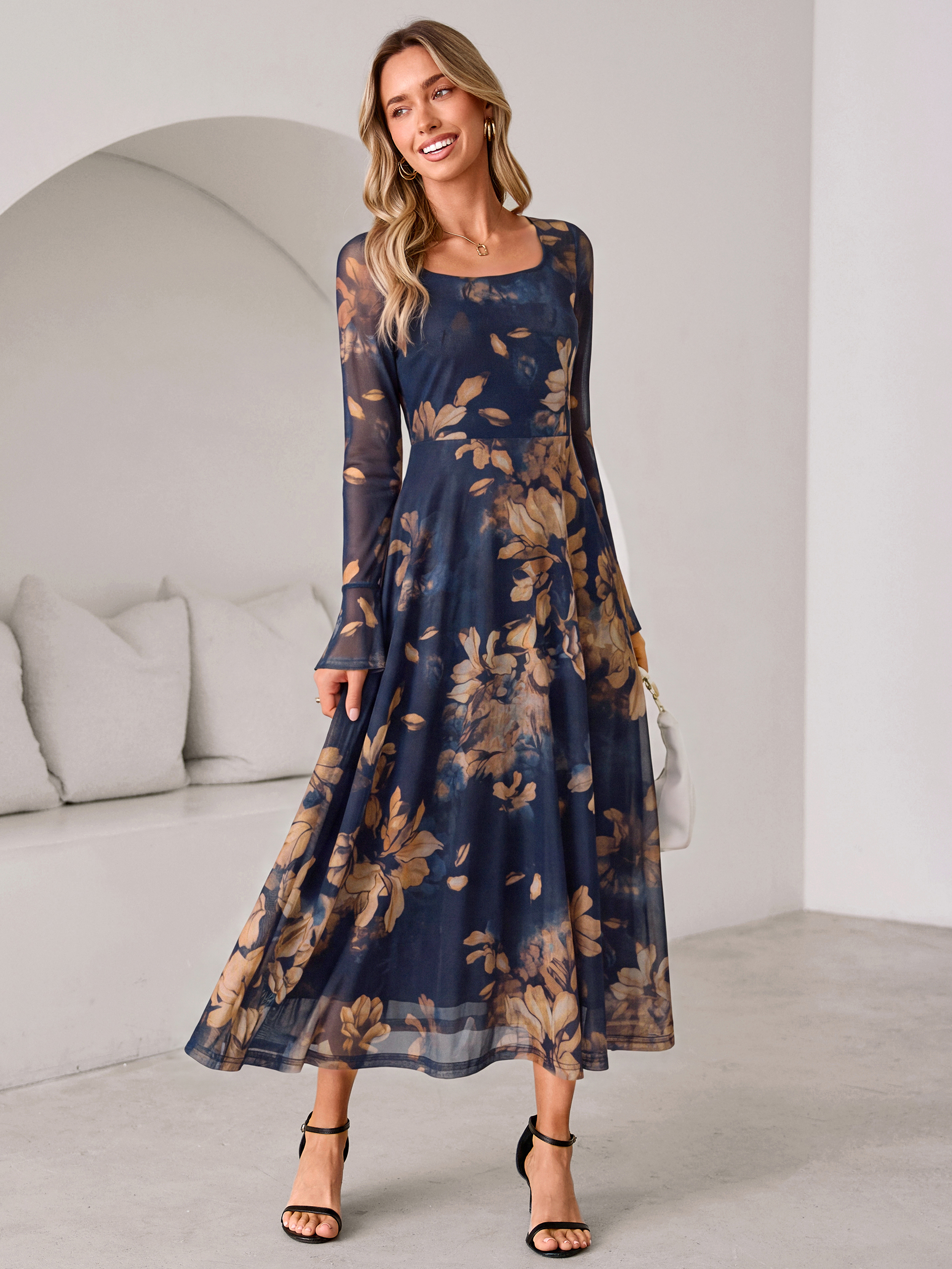 Square Neck Floral Mesh Bell Sleeve Maxi Dress