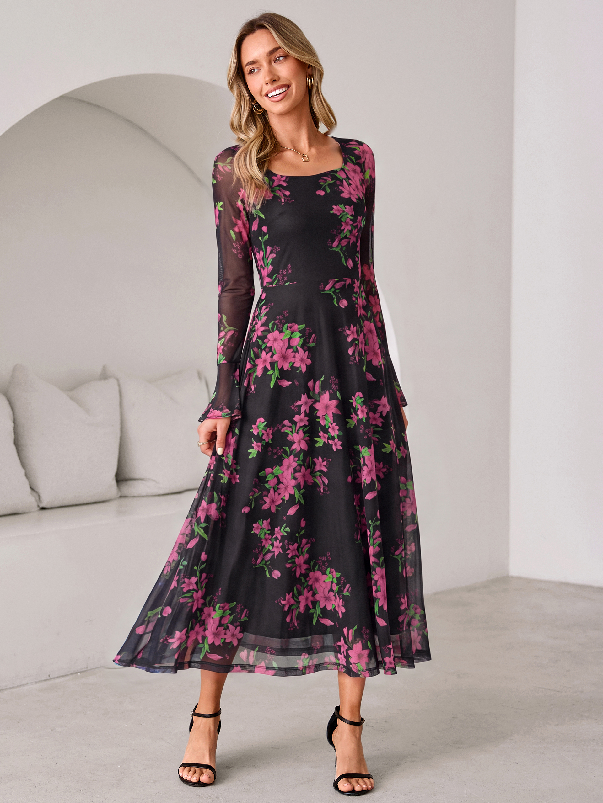 Square Neck Floral Mesh Bell Sleeve Maxi Dress