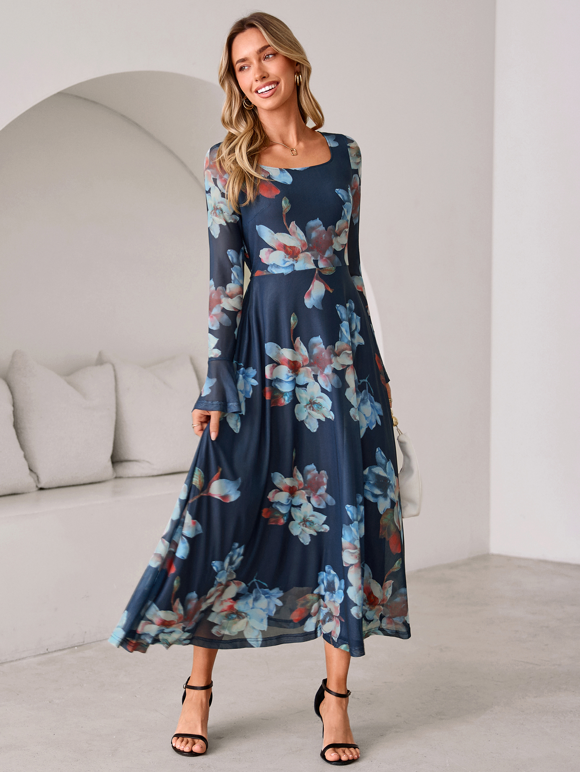 Square Neck Floral Mesh Bell Sleeve Maxi Dress