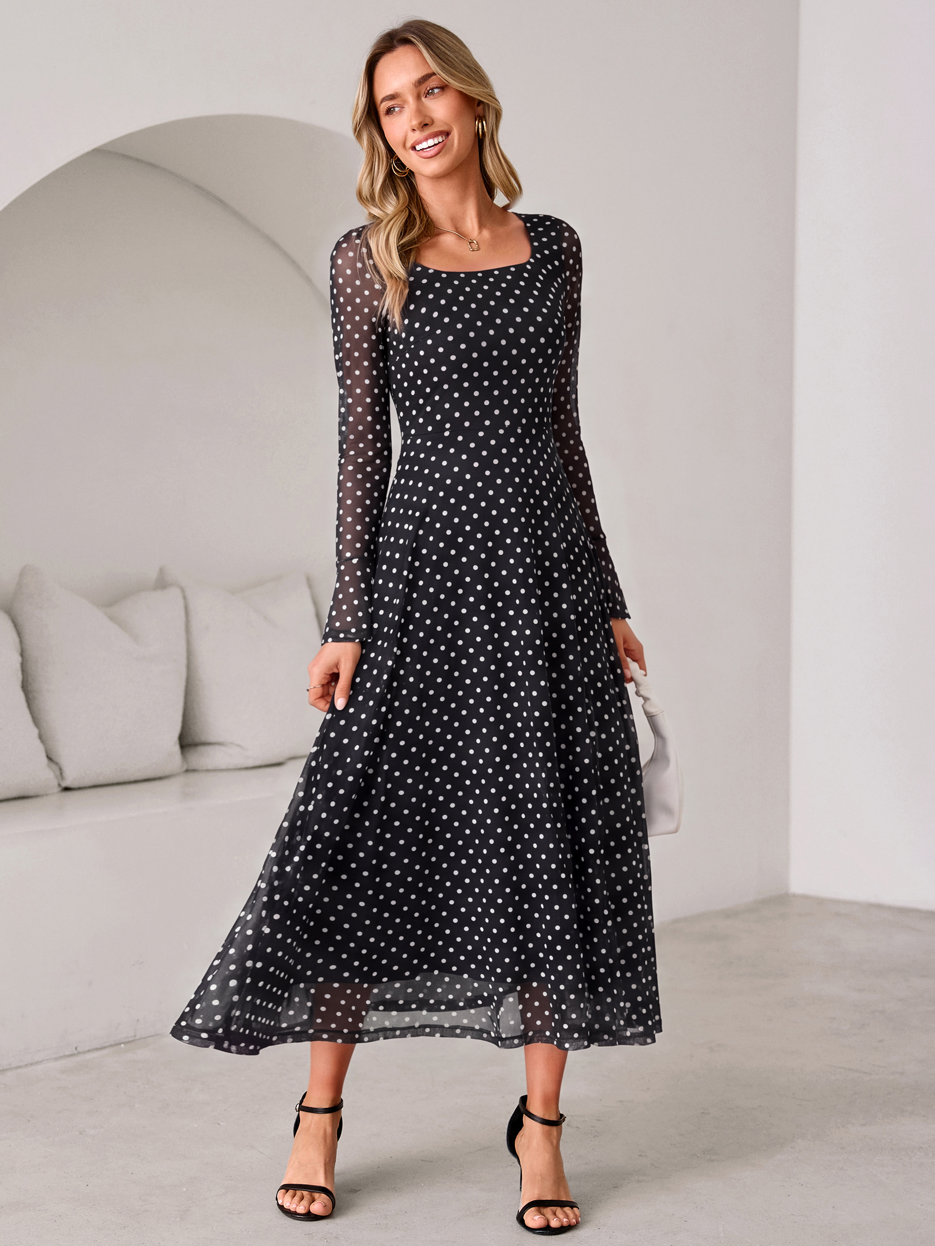 Polka Dot Print Square Neck Mesh Maxi Dress