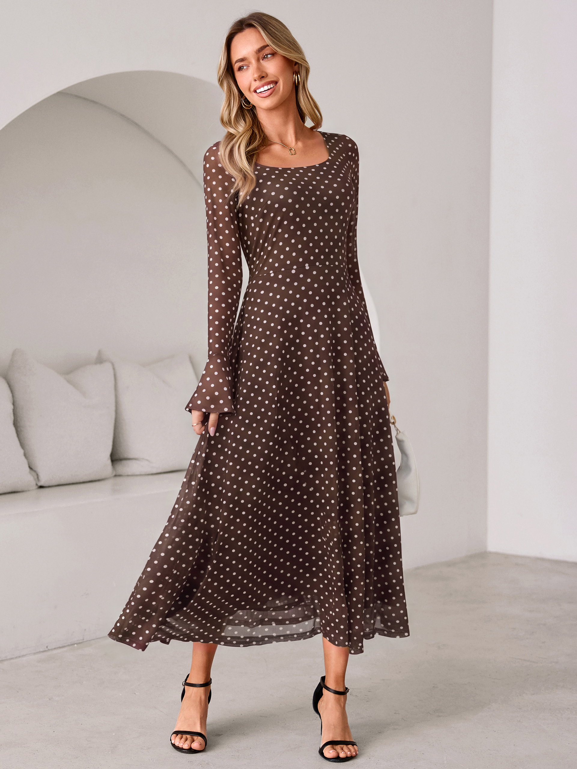 Polka Dot Print Square Neck Mesh Maxi Dress
