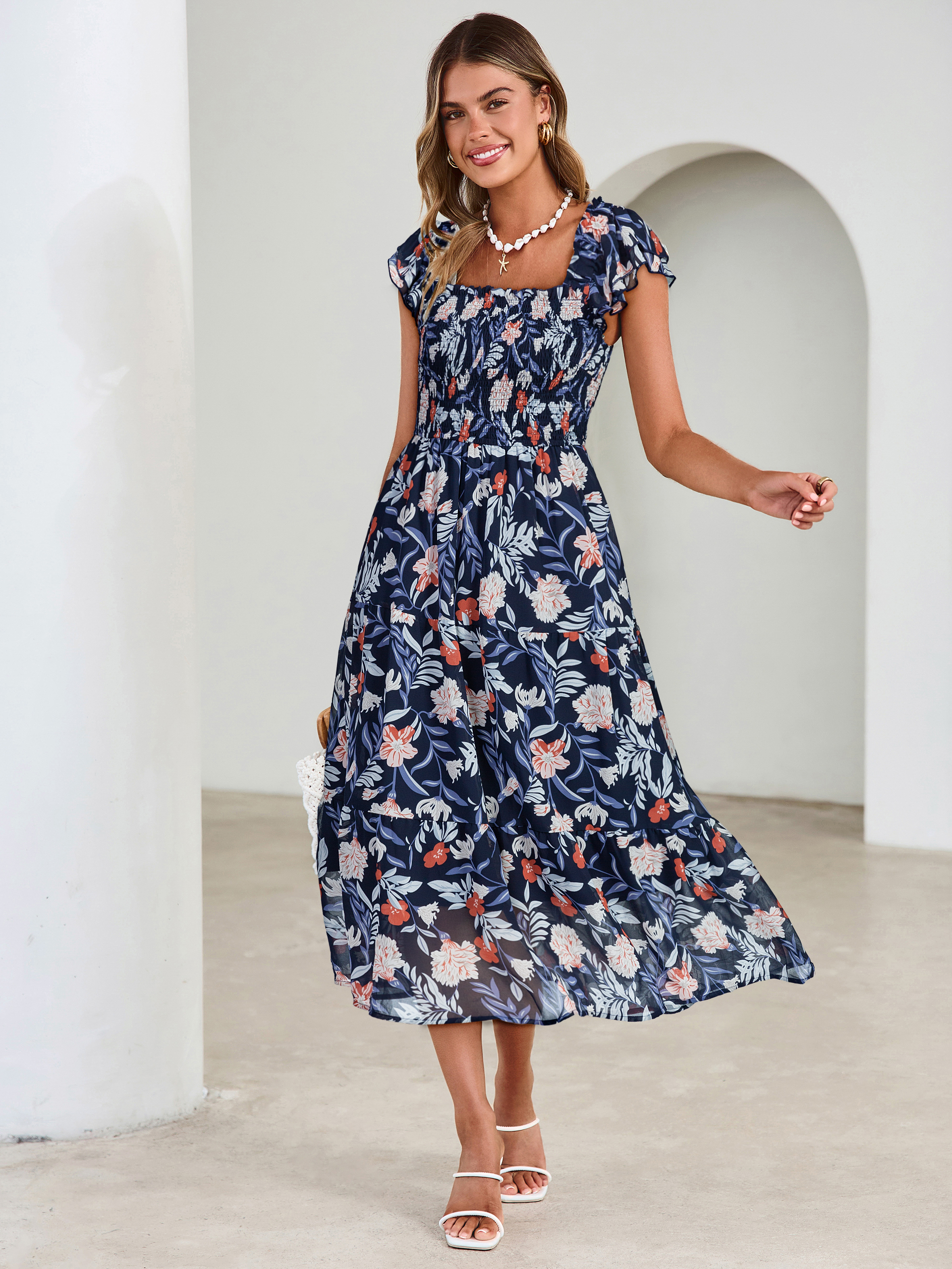 Floral Print Smocked Tiered Maxi Dress