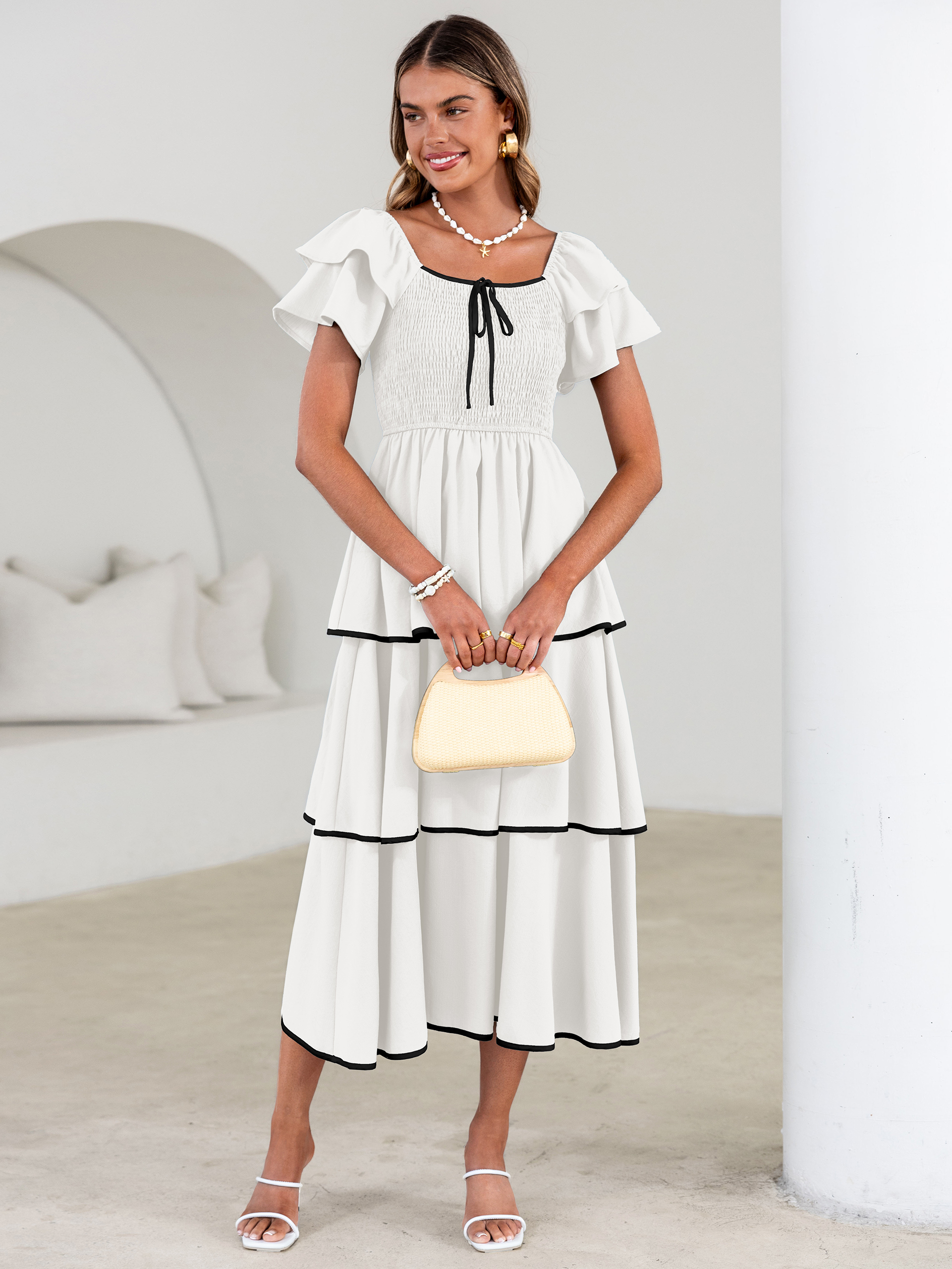 Ruched Off Shoulder Tiered Maxi Dress - White