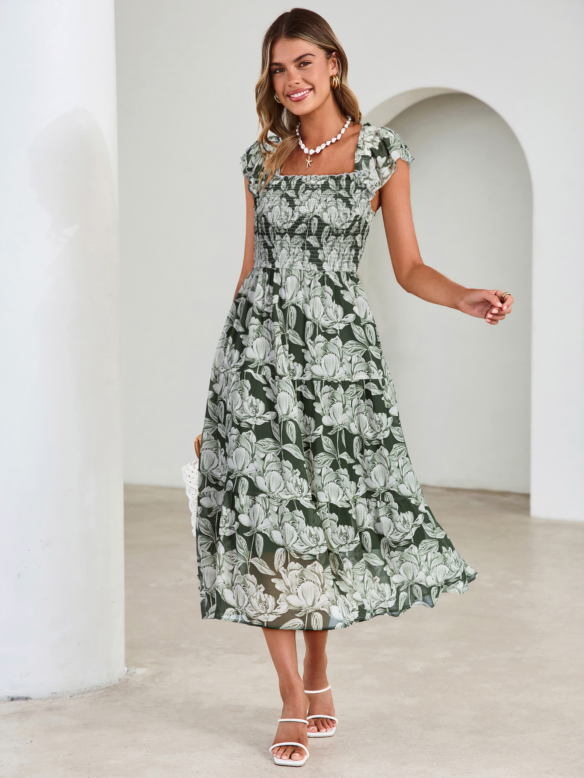 Floral Print Smocked Tiered Maxi Dress