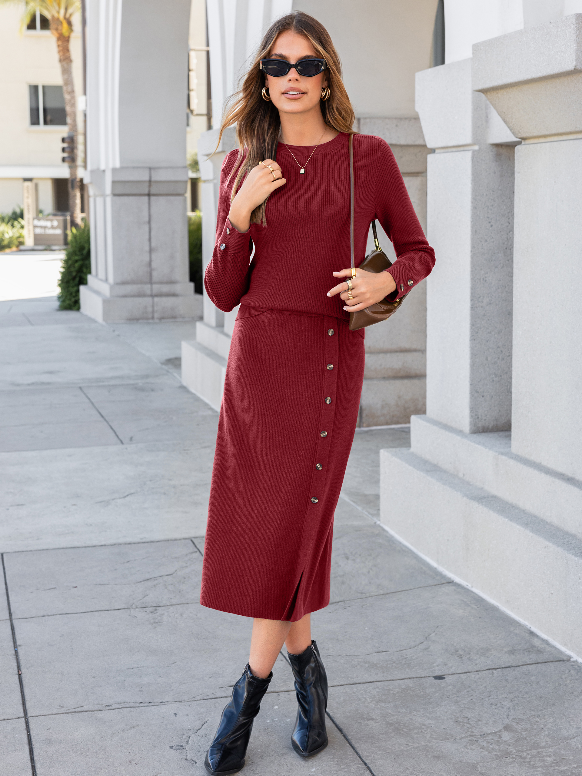 Crewneck Ribbed Knit Long Sleeve Midi Skirt Set