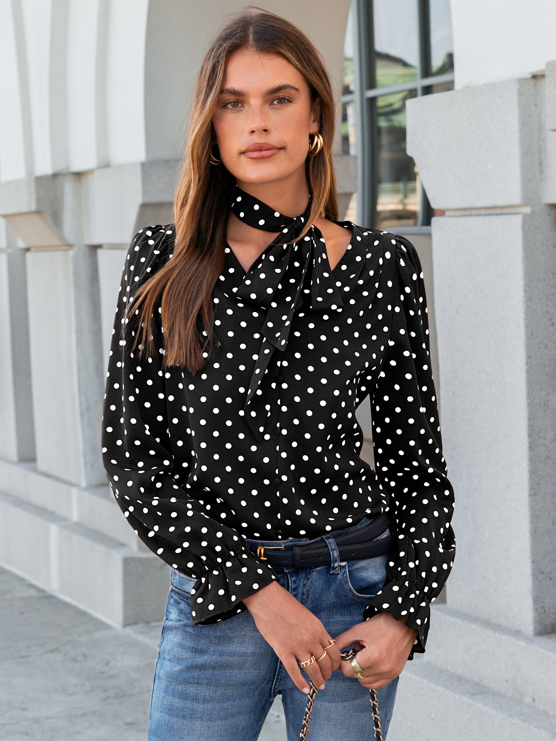 Polka Dot Tie-Neck Long Sleeve Satin Blouse