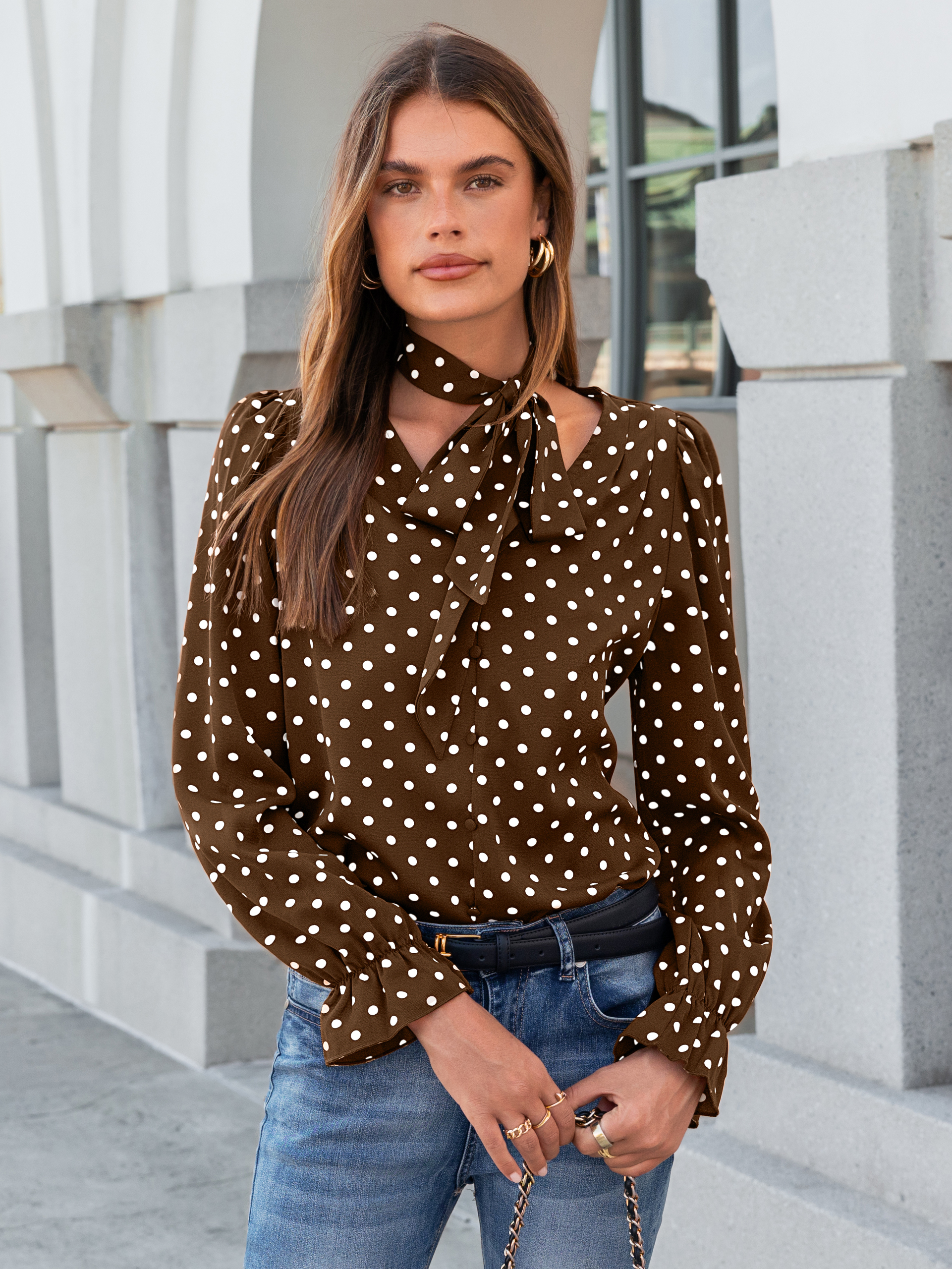Polka Dot Tie-Neck Long Sleeve Satin Blouse