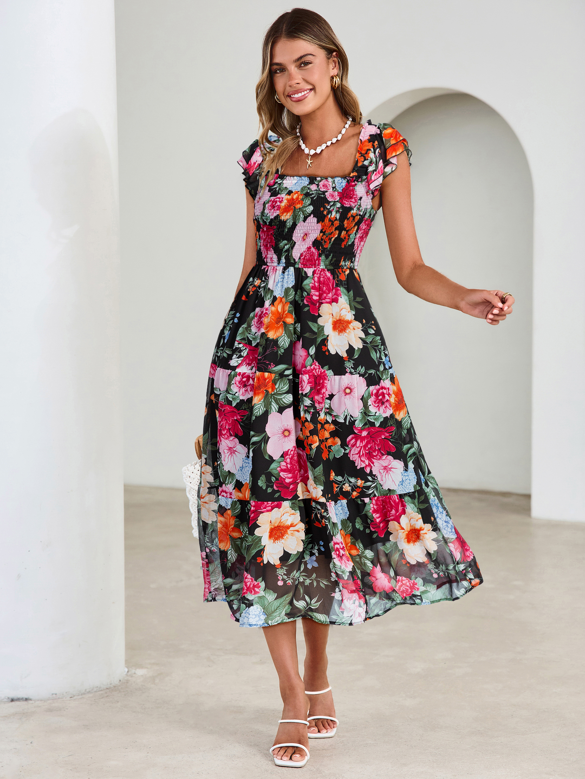 Floral Print Smocked Tiered Maxi Dress
