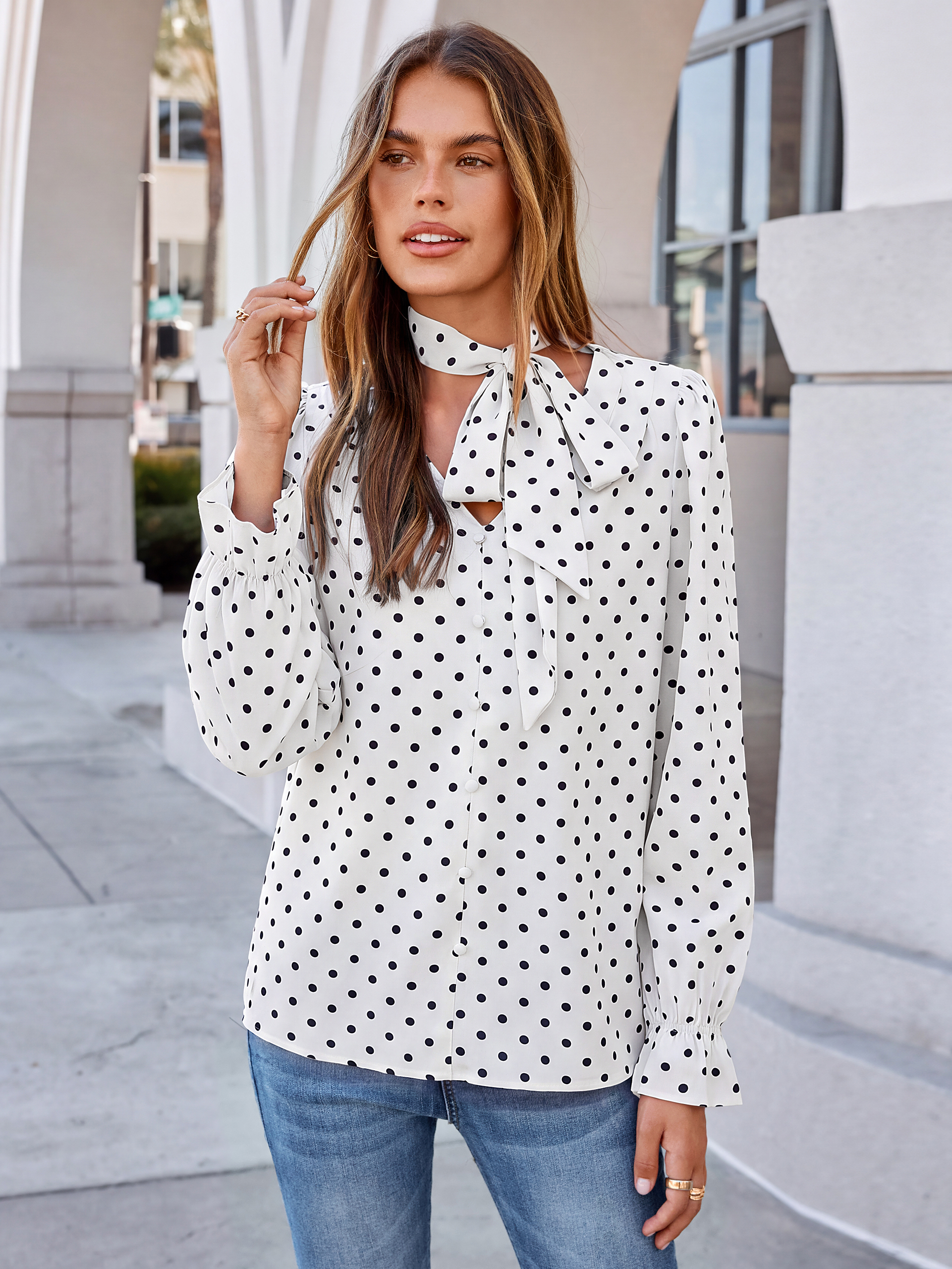 Polka Dot Tie-Neck Long Sleeve Satin Blouse