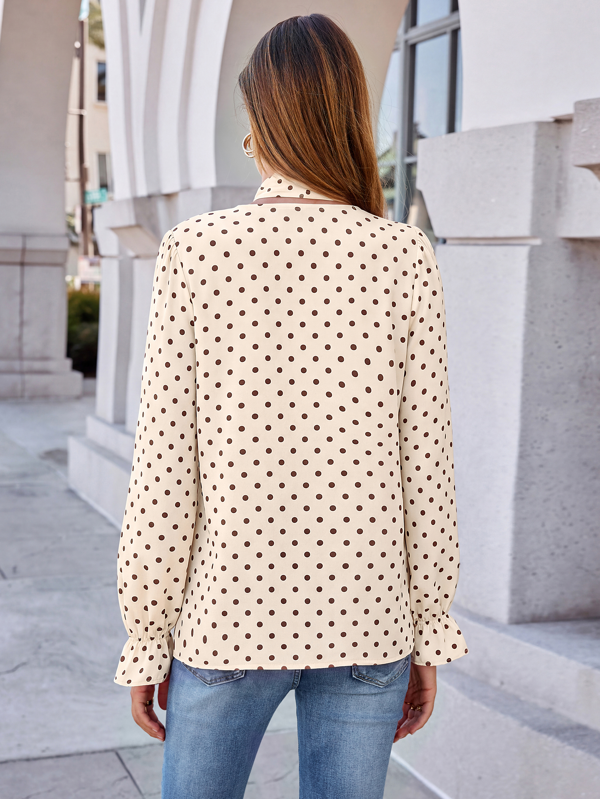 Polka Dot Tie-Neck Long Sleeve Satin Blouse