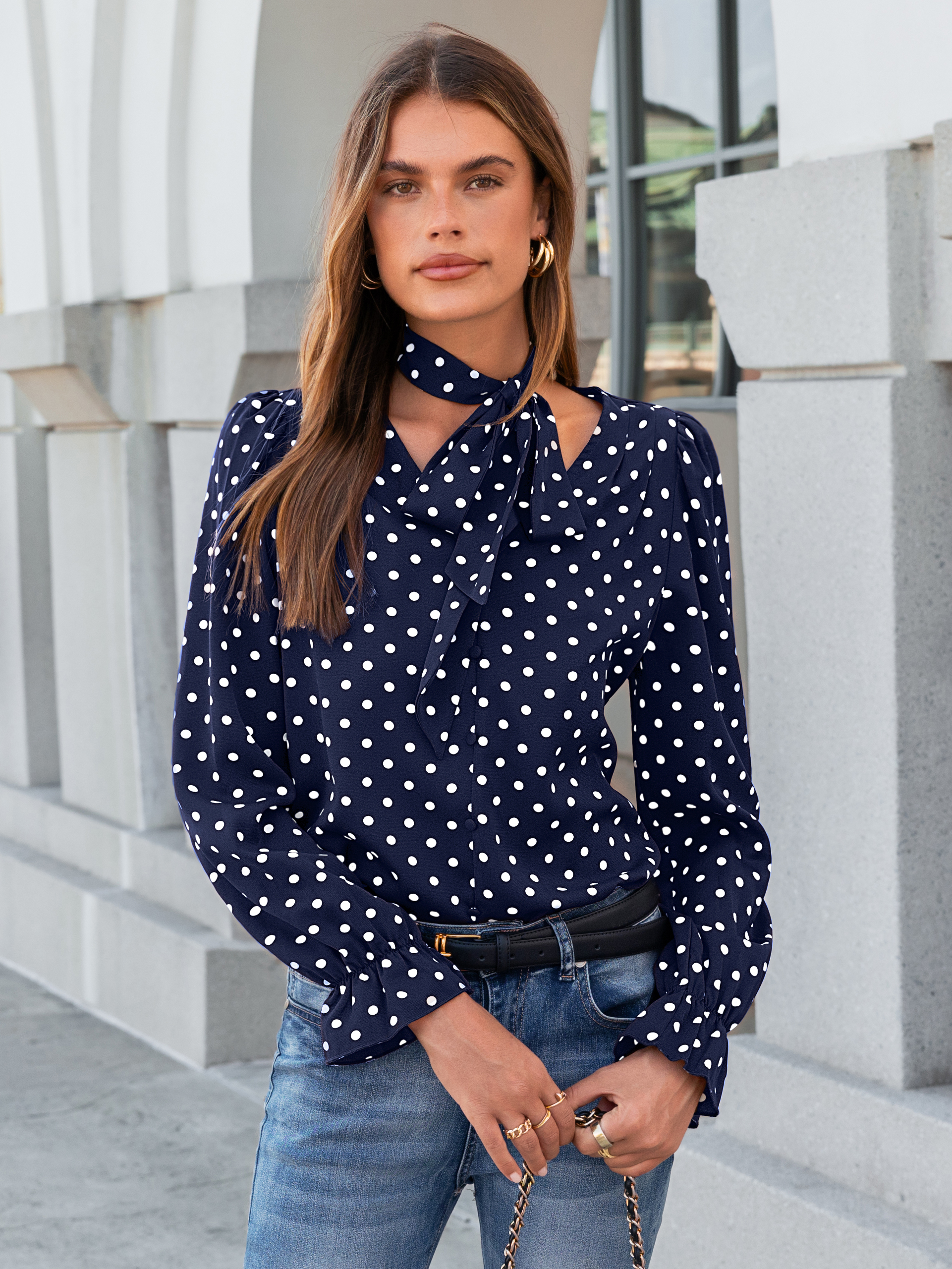 Polka Dot Tie-Neck Long Sleeve Satin Blouse
