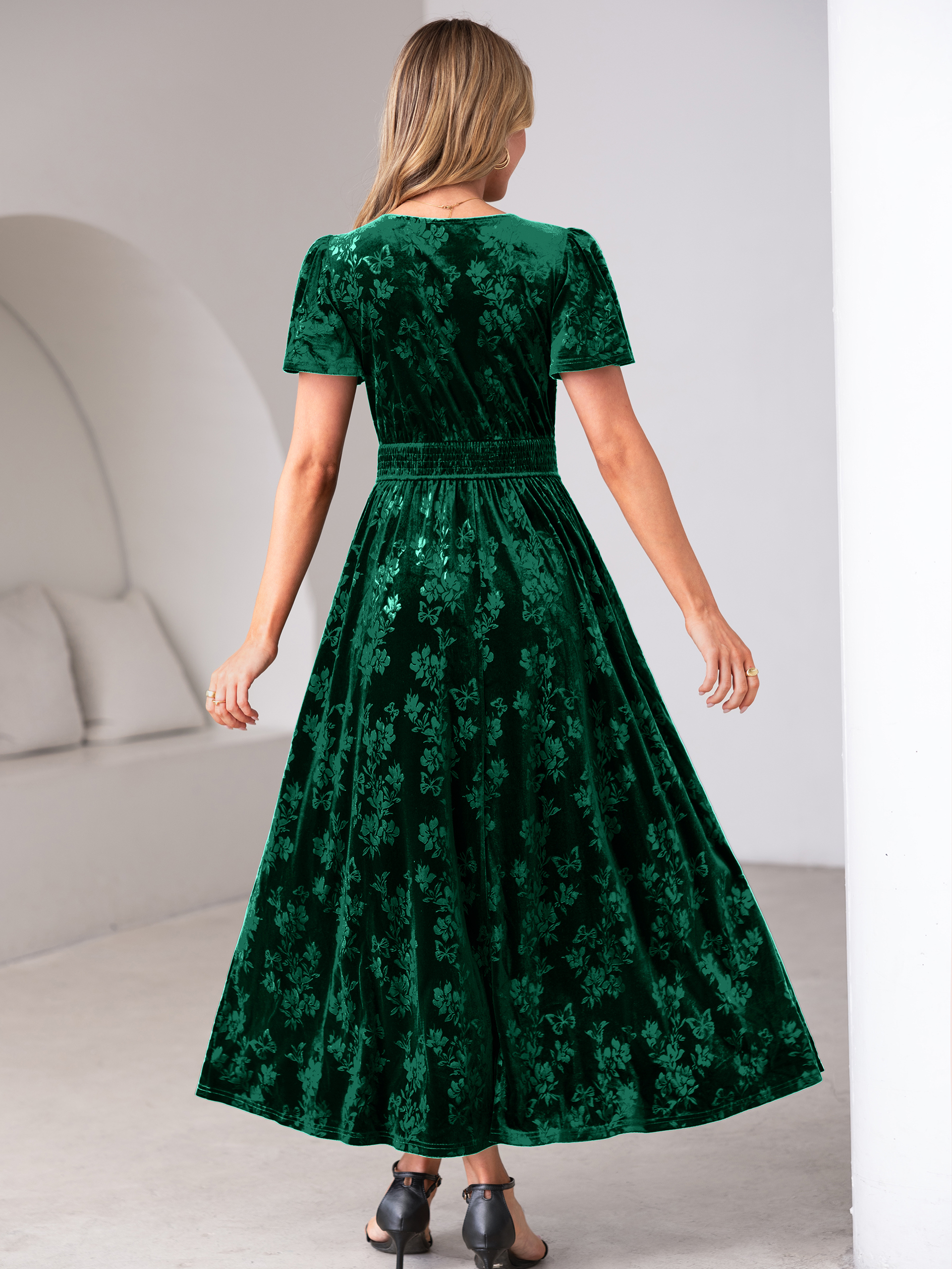 V-Neck Embossed Floral Velvet Maxi Dress