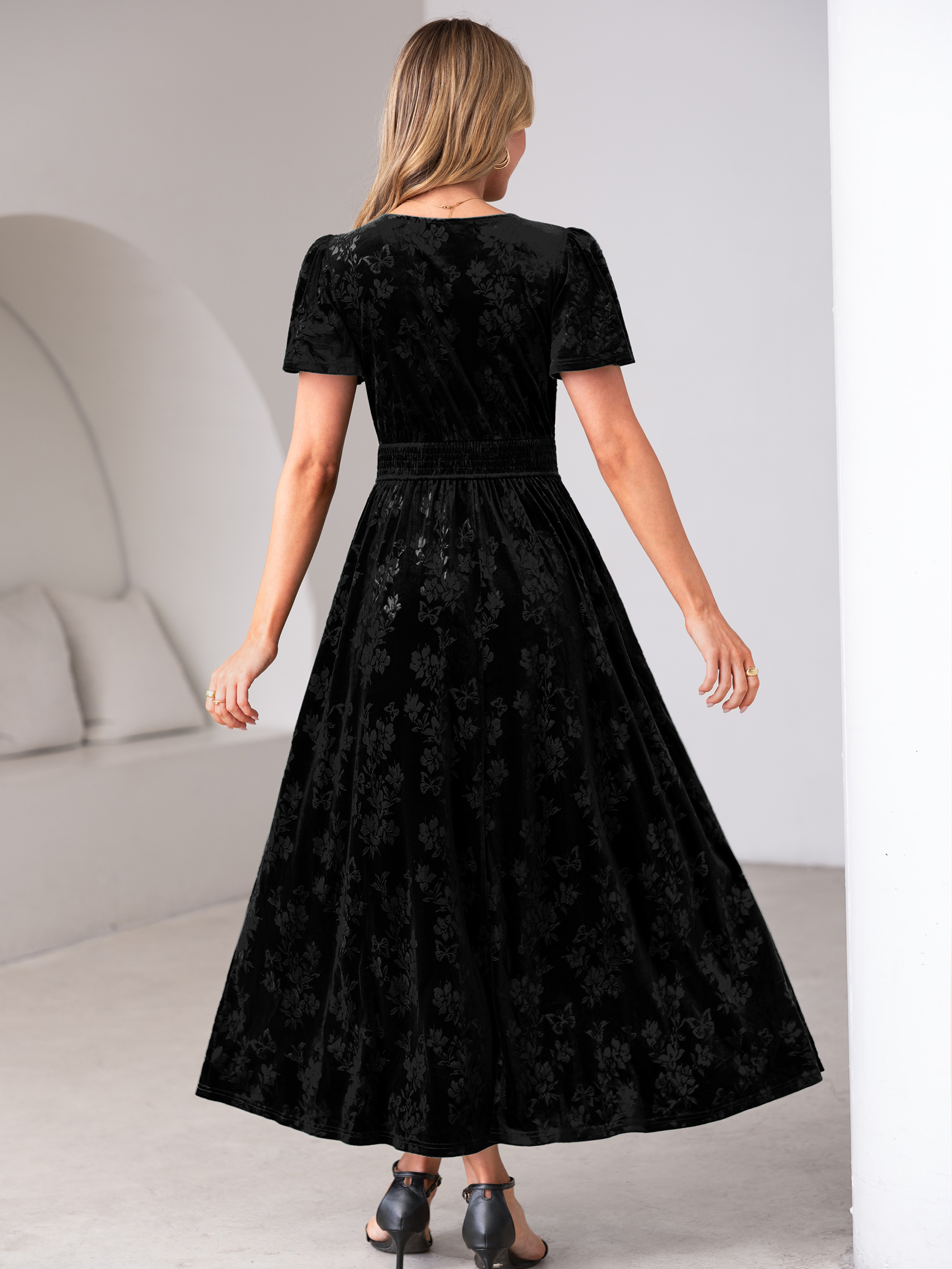 V-Neck Embossed Floral Velvet Maxi Dress