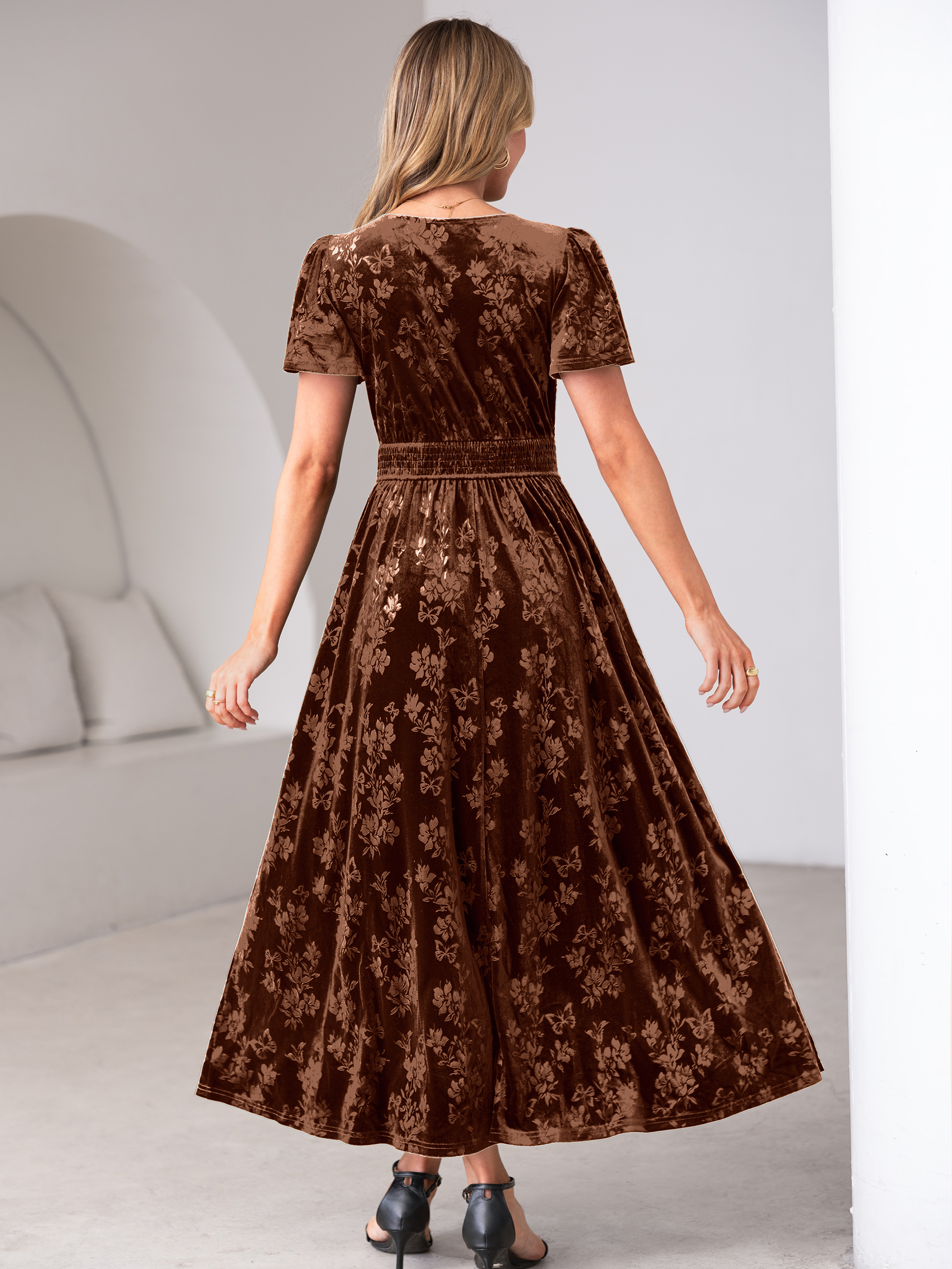 V-Neck Embossed Floral Velvet Maxi Dress