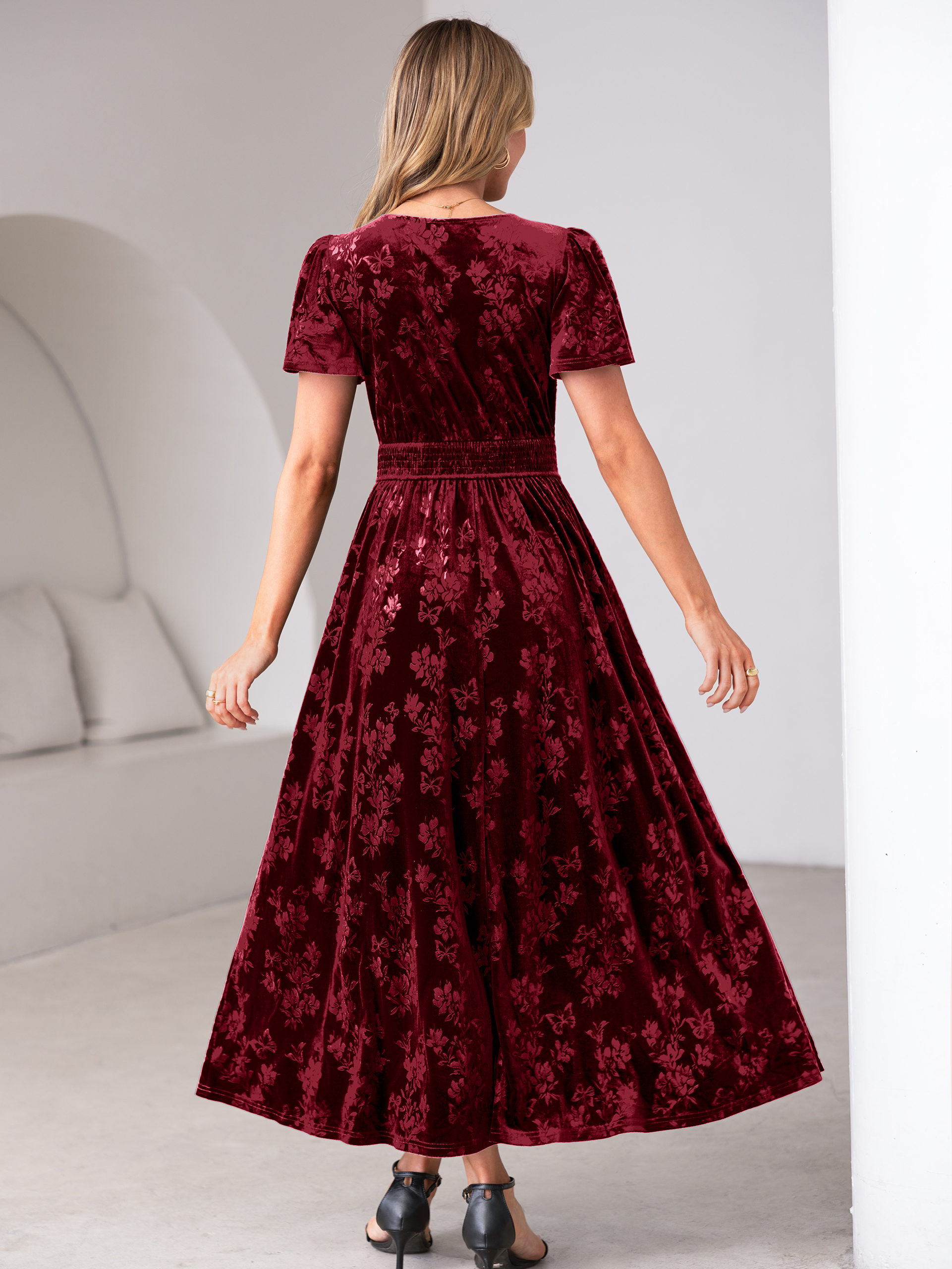 V-Neck Embossed Floral Velvet Maxi Dress