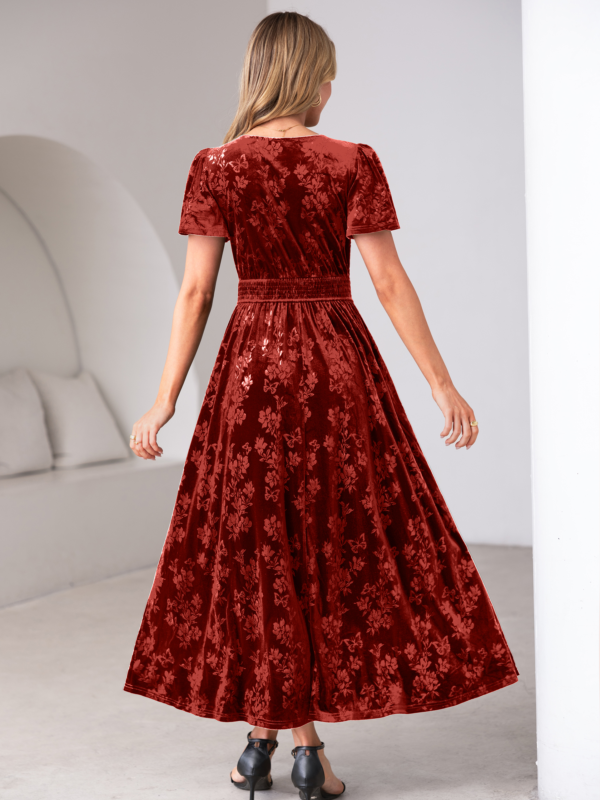 V-Neck Embossed Floral Velvet Maxi Dress