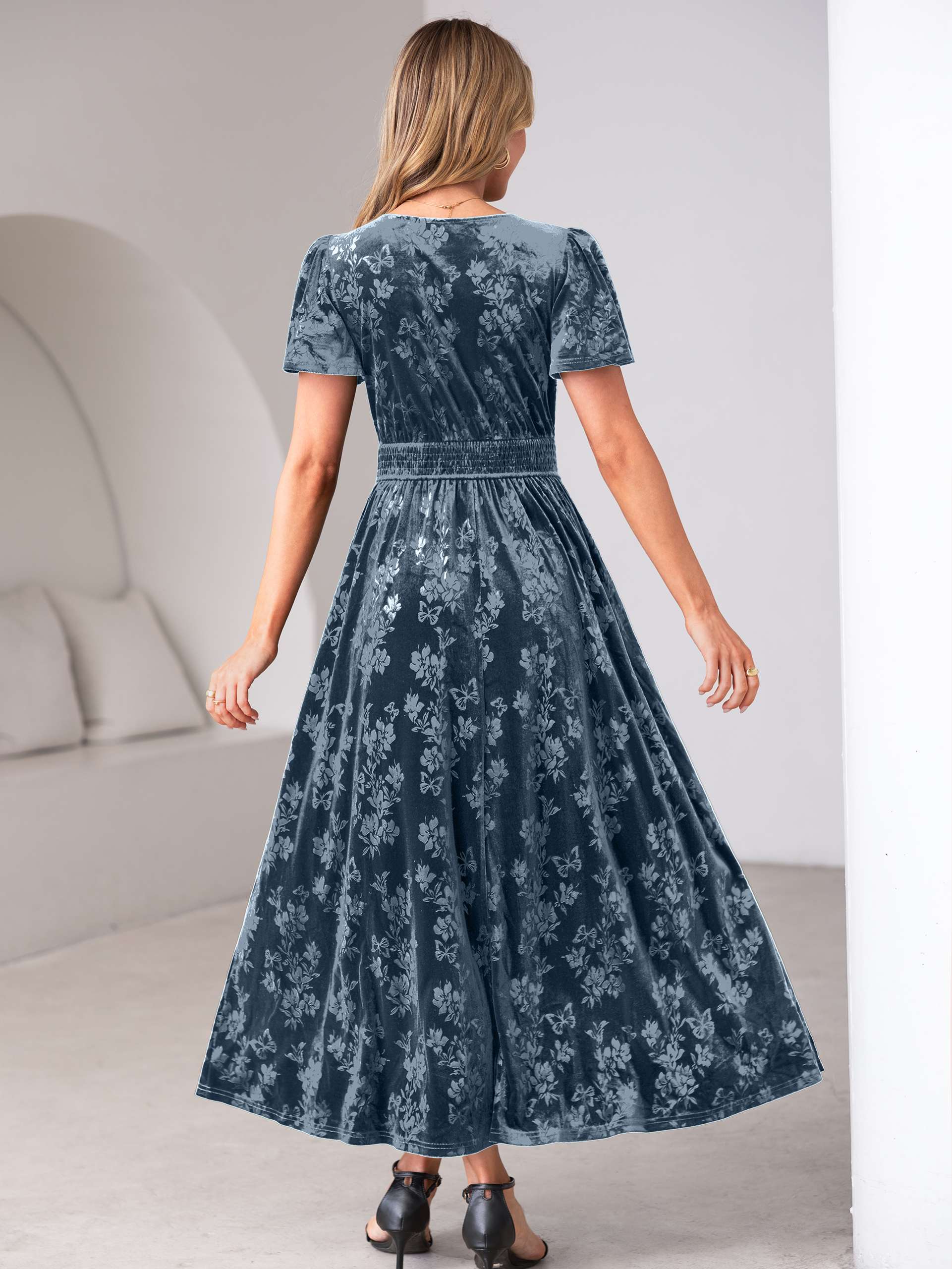 V-Neck Embossed Floral Velvet Maxi Dress