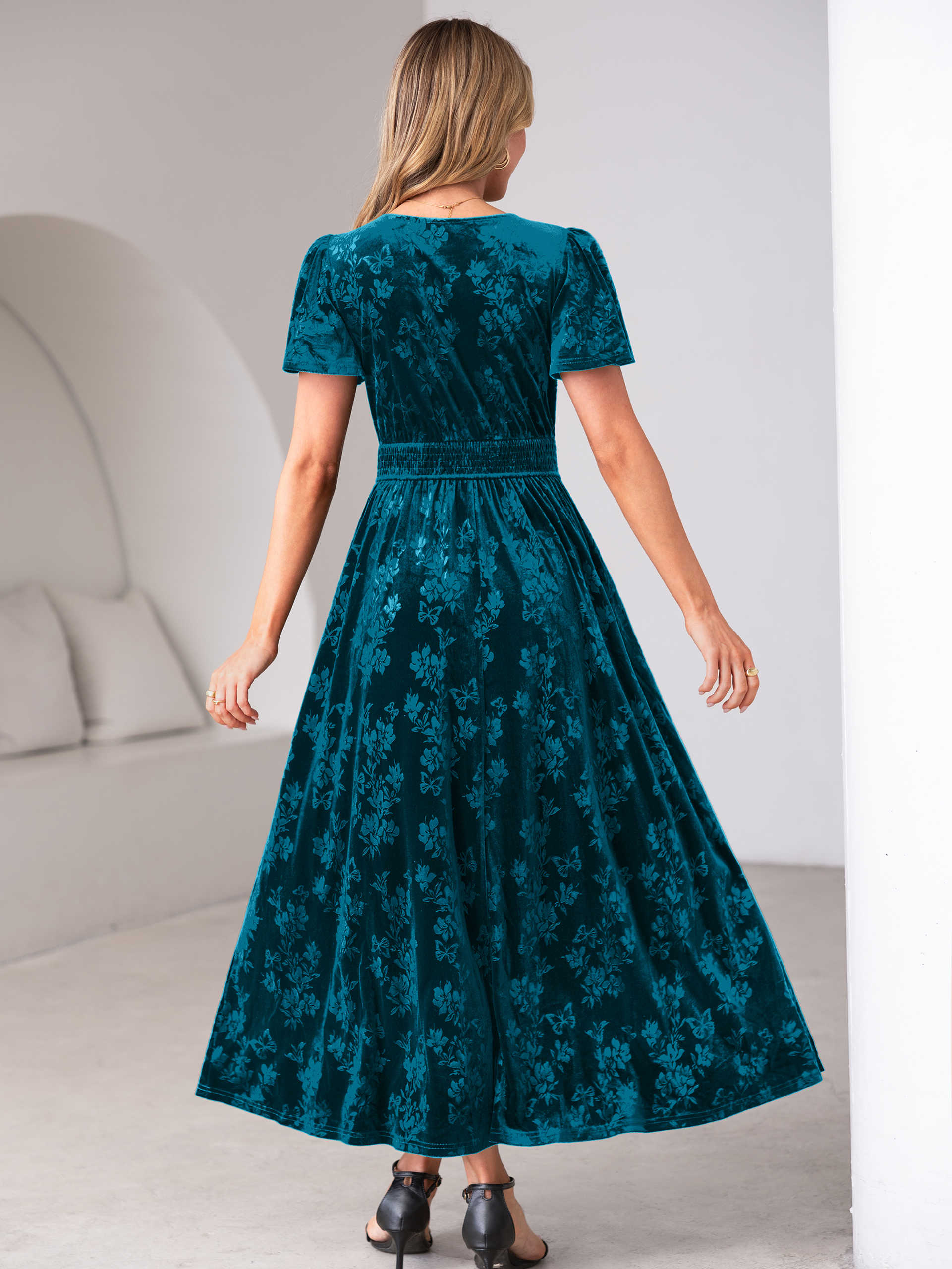 V-Neck Embossed Floral Velvet Maxi Dress